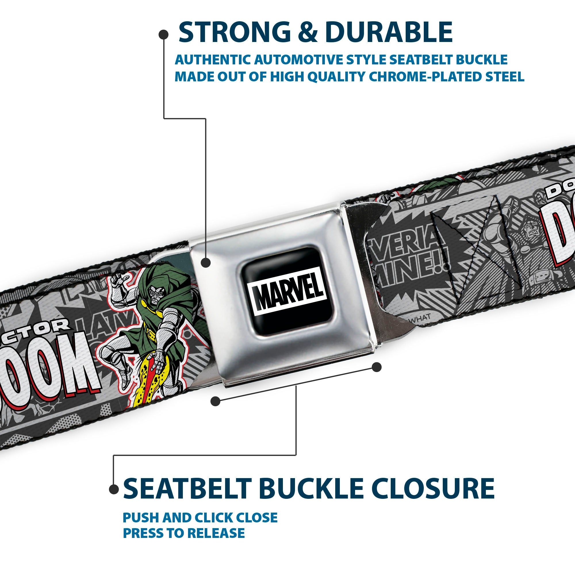 MARVEL Brick Logo Full Color Black/White Seatbelt Belt - DOCTOR DOOM Poses and Comic Blocks Grays Webbing