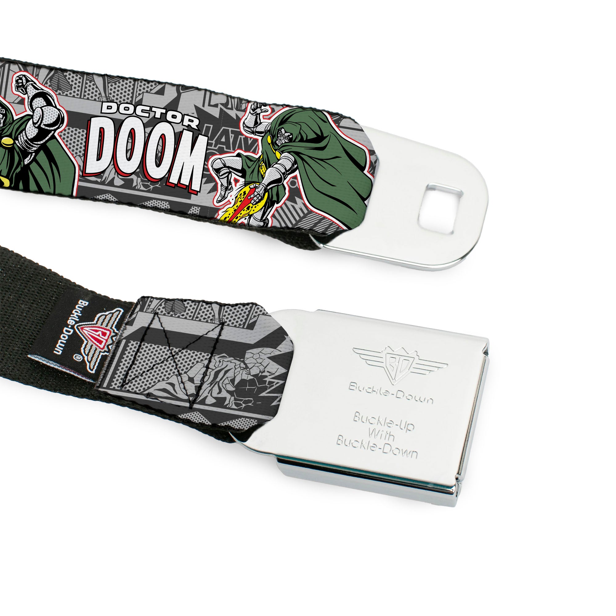MARVEL Brick Logo Full Color Black/White Seatbelt Belt - DOCTOR DOOM Poses and Comic Blocks Grays Webbing