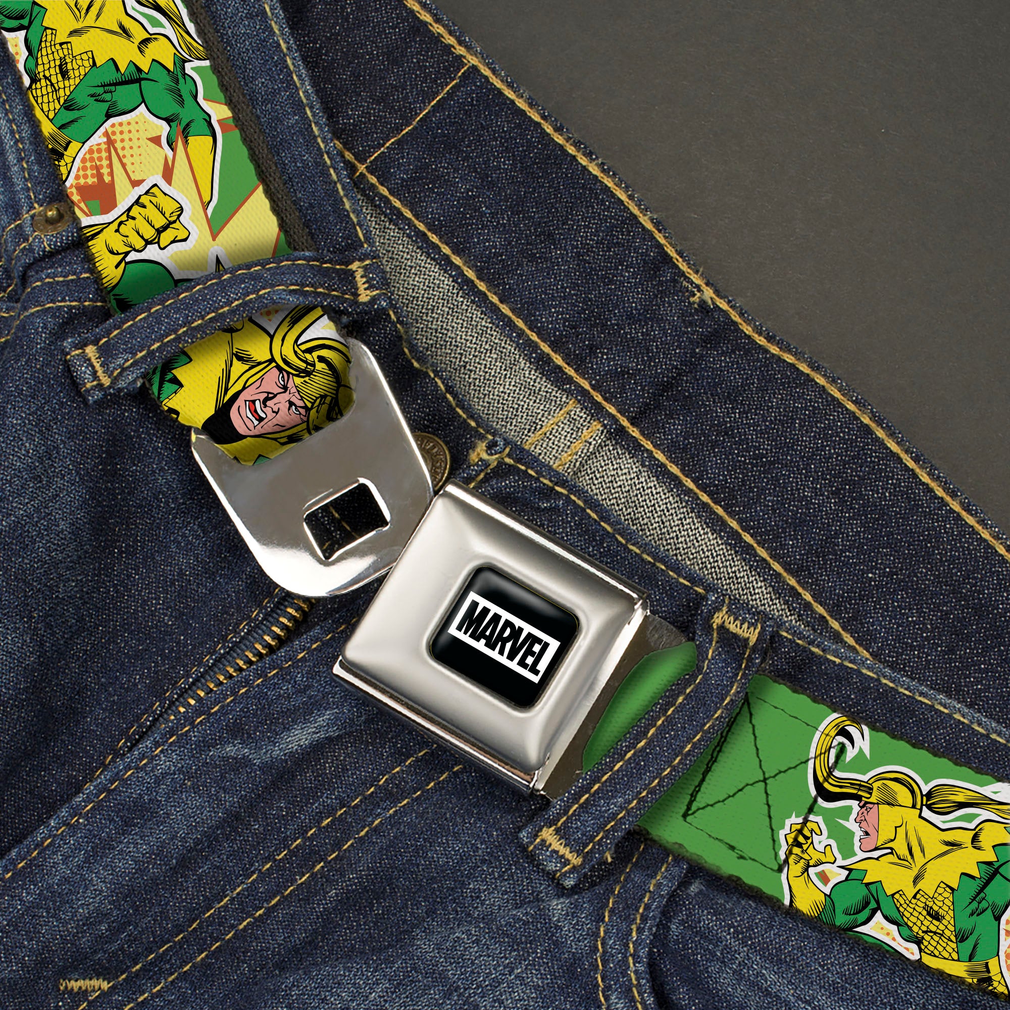 MARVEL Brick Logo Full Color Black/White Seatbelt Belt - Loki Master of Mischief Poses Green/Yellows Webbing