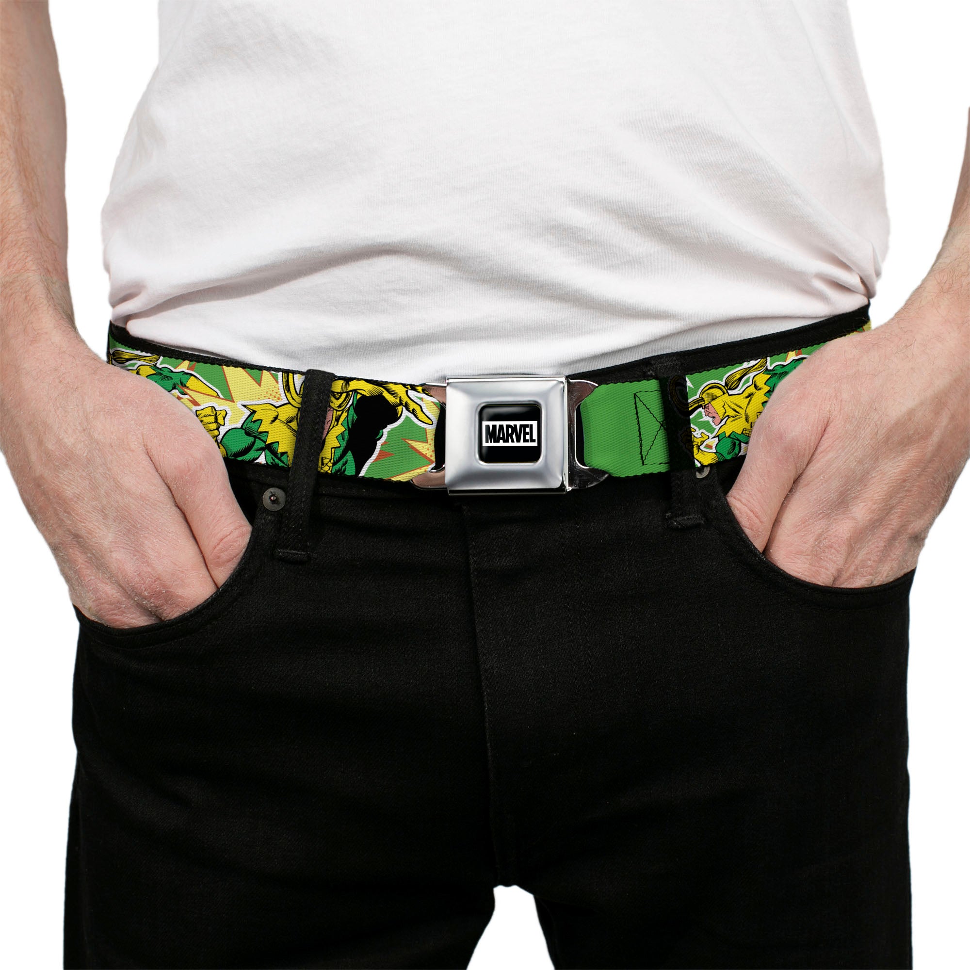 MARVEL Brick Logo Full Color Black/White Seatbelt Belt - Loki Master of Mischief Poses Green/Yellows Webbing
