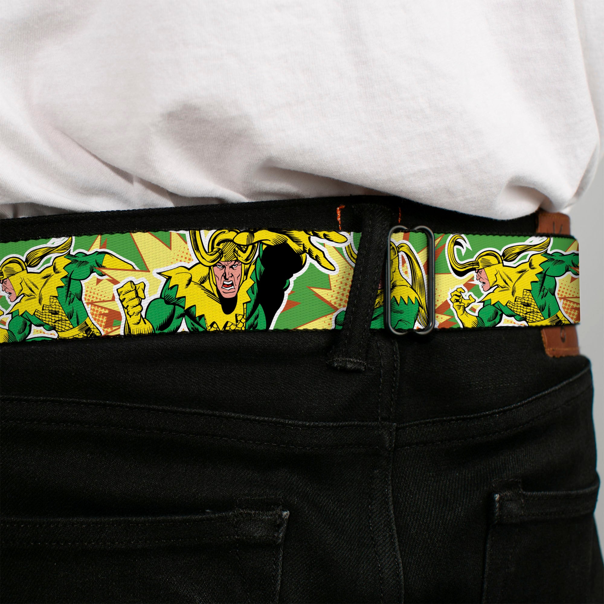 MARVEL Brick Logo Full Color Black/White Seatbelt Belt - Loki Master of Mischief Poses Green/Yellows Webbing
