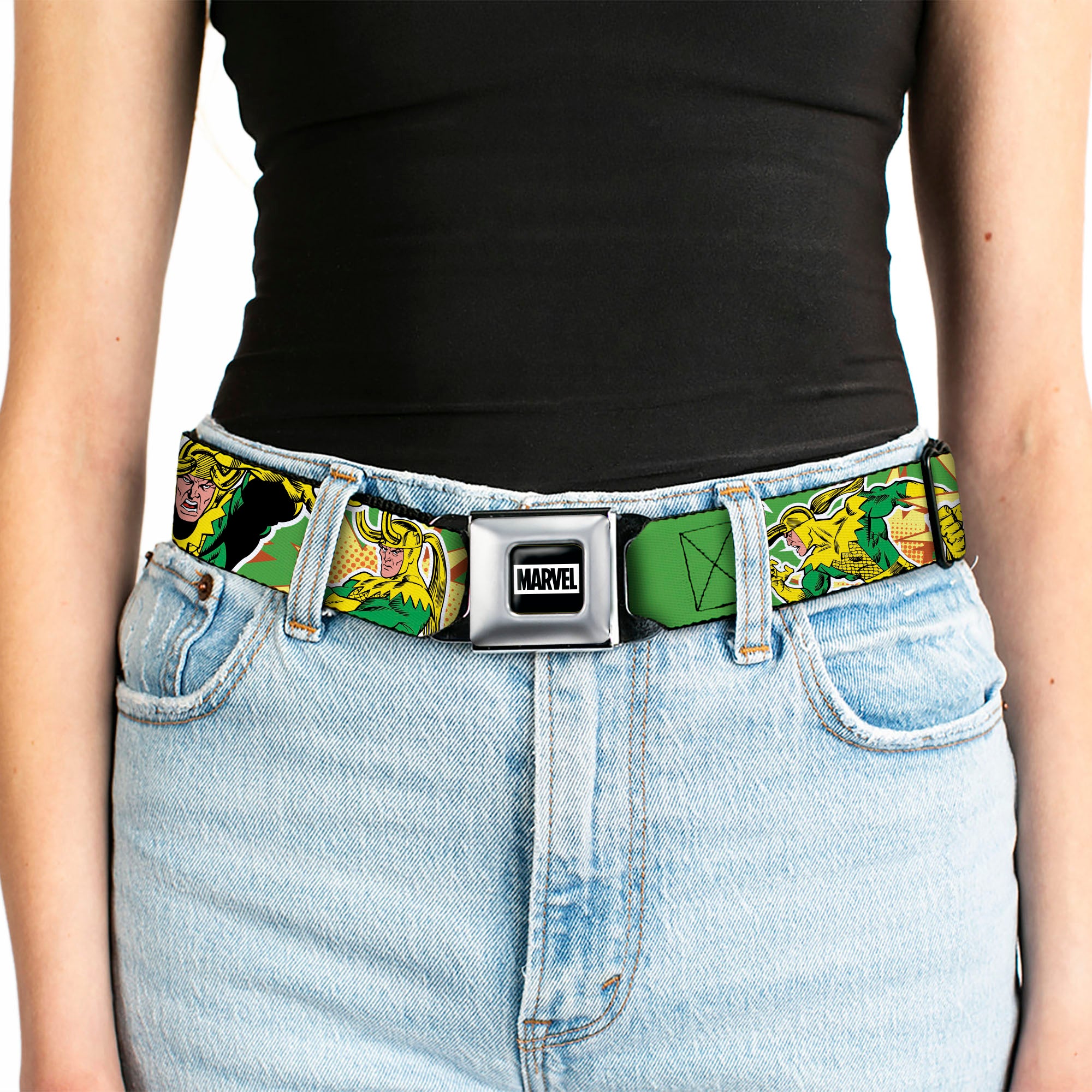 MARVEL Brick Logo Full Color Black/White Seatbelt Belt - Loki Master of Mischief Poses Green/Yellows Webbing