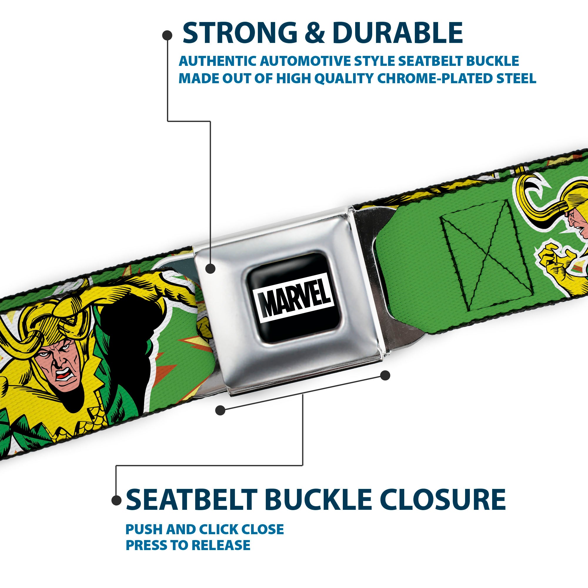 MARVEL Brick Logo Full Color Black/White Seatbelt Belt - Loki Master of Mischief Poses Green/Yellows Webbing