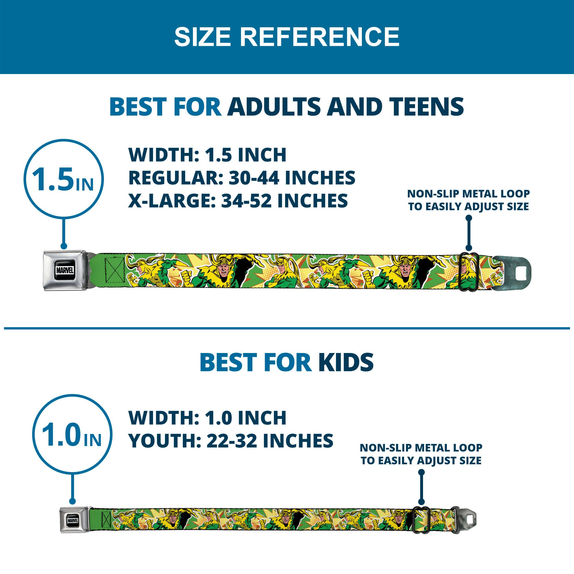 MARVEL Brick Logo Full Color Black/White Seatbelt Belt - Loki Master of Mischief Poses Green/Yellows Webbing