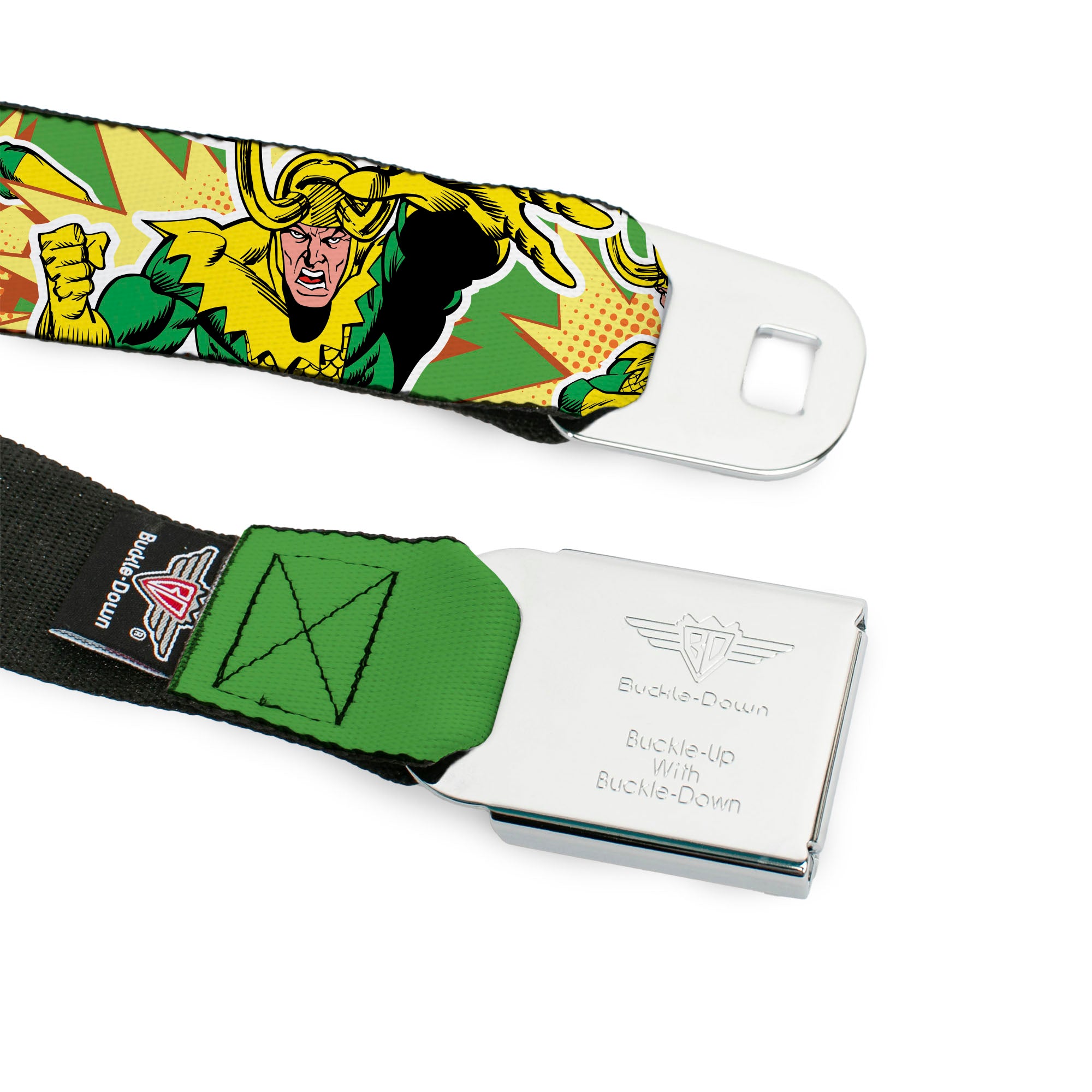 MARVEL Brick Logo Full Color Black/White Seatbelt Belt - Loki Master of Mischief Poses Green/Yellows Webbing