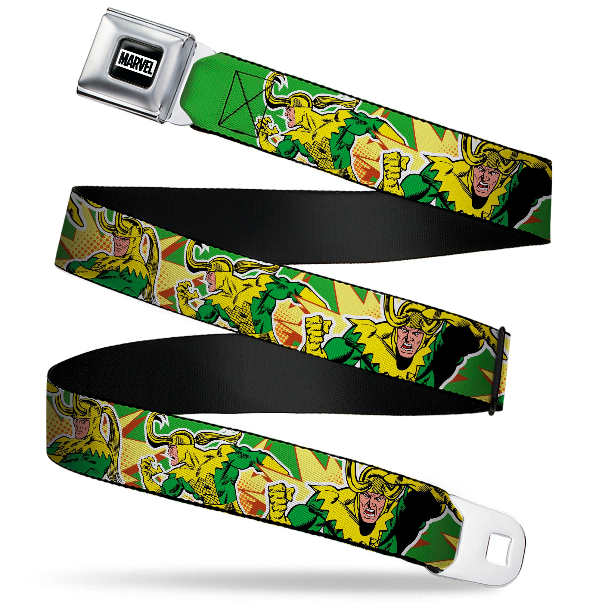 MARVEL Brick Logo Full Color Black/White Seatbelt Belt - Loki Master of Mischief Poses Green/Yellows Webbing