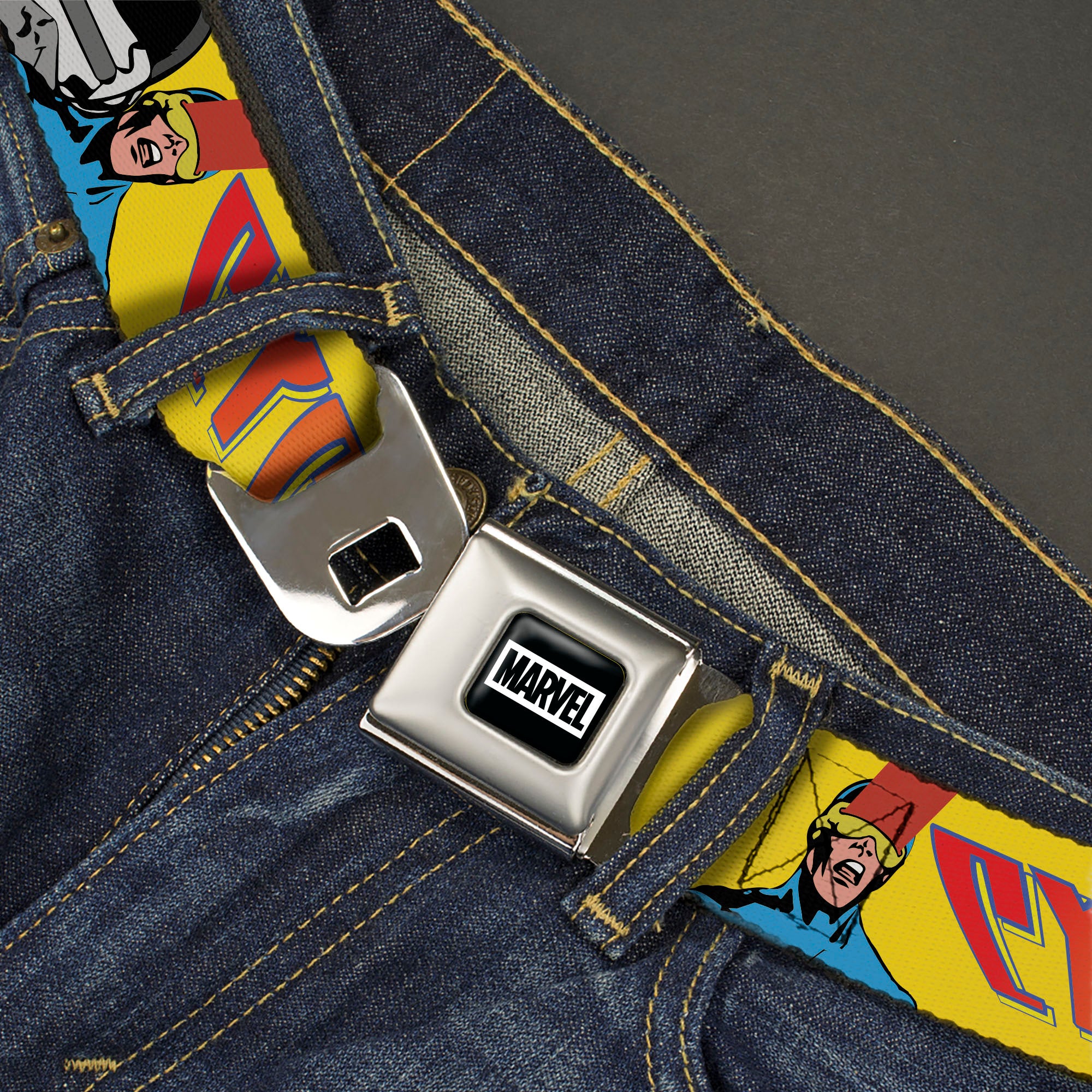 MARVEL Brick Logo Full Color Black/White Seatbelt Belt - X-Men CYCLOPS Poses and Title Logo Yellow/Blue/Orange Webbing