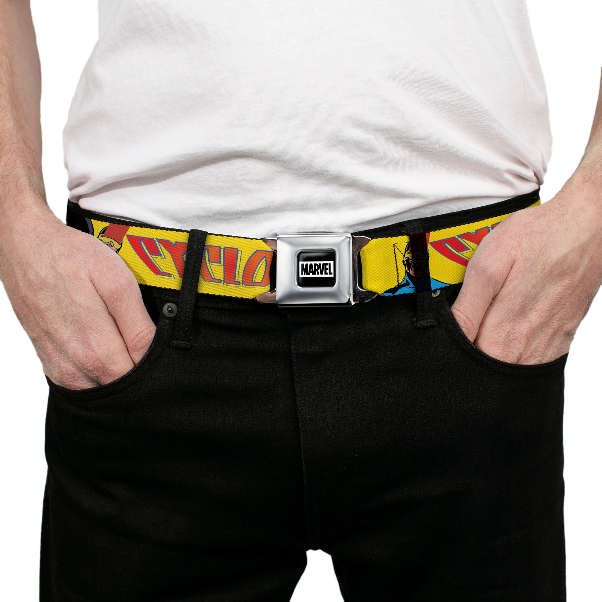 MARVEL Brick Logo Full Color Black/White Seatbelt Belt - X-Men CYCLOPS Poses and Title Logo Yellow/Blue/Orange Webbing