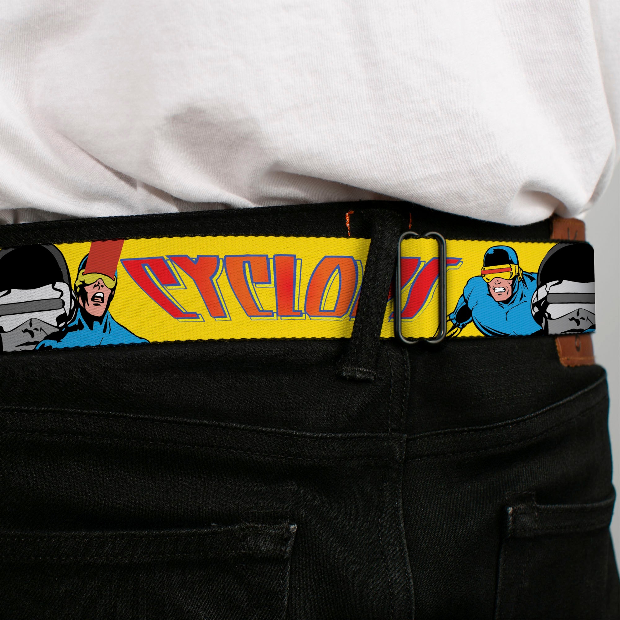 MARVEL Brick Logo Full Color Black/White Seatbelt Belt - X-Men CYCLOPS Poses and Title Logo Yellow/Blue/Orange Webbing