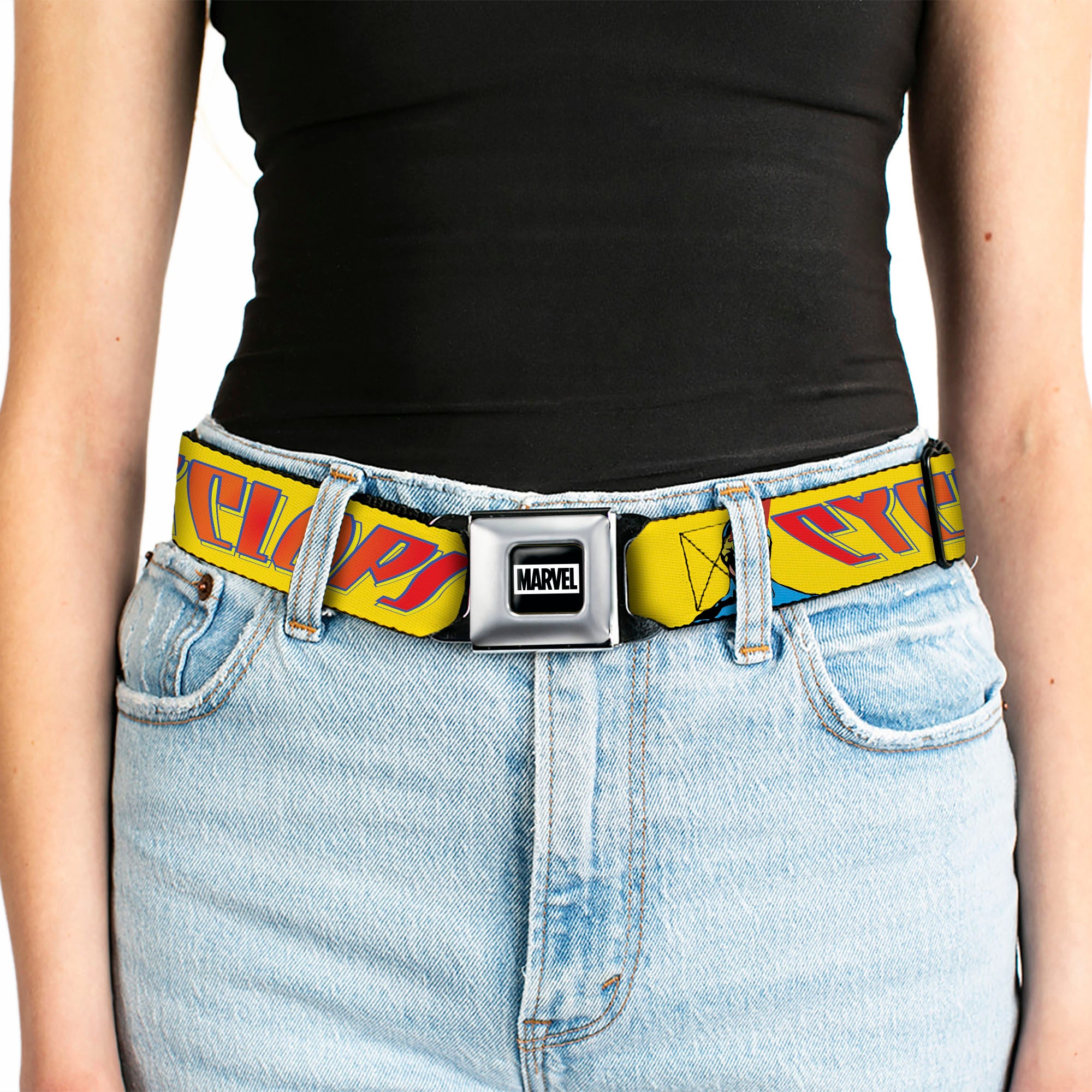 MARVEL Brick Logo Full Color Black/White Seatbelt Belt - X-Men CYCLOPS Poses and Title Logo Yellow/Blue/Orange Webbing