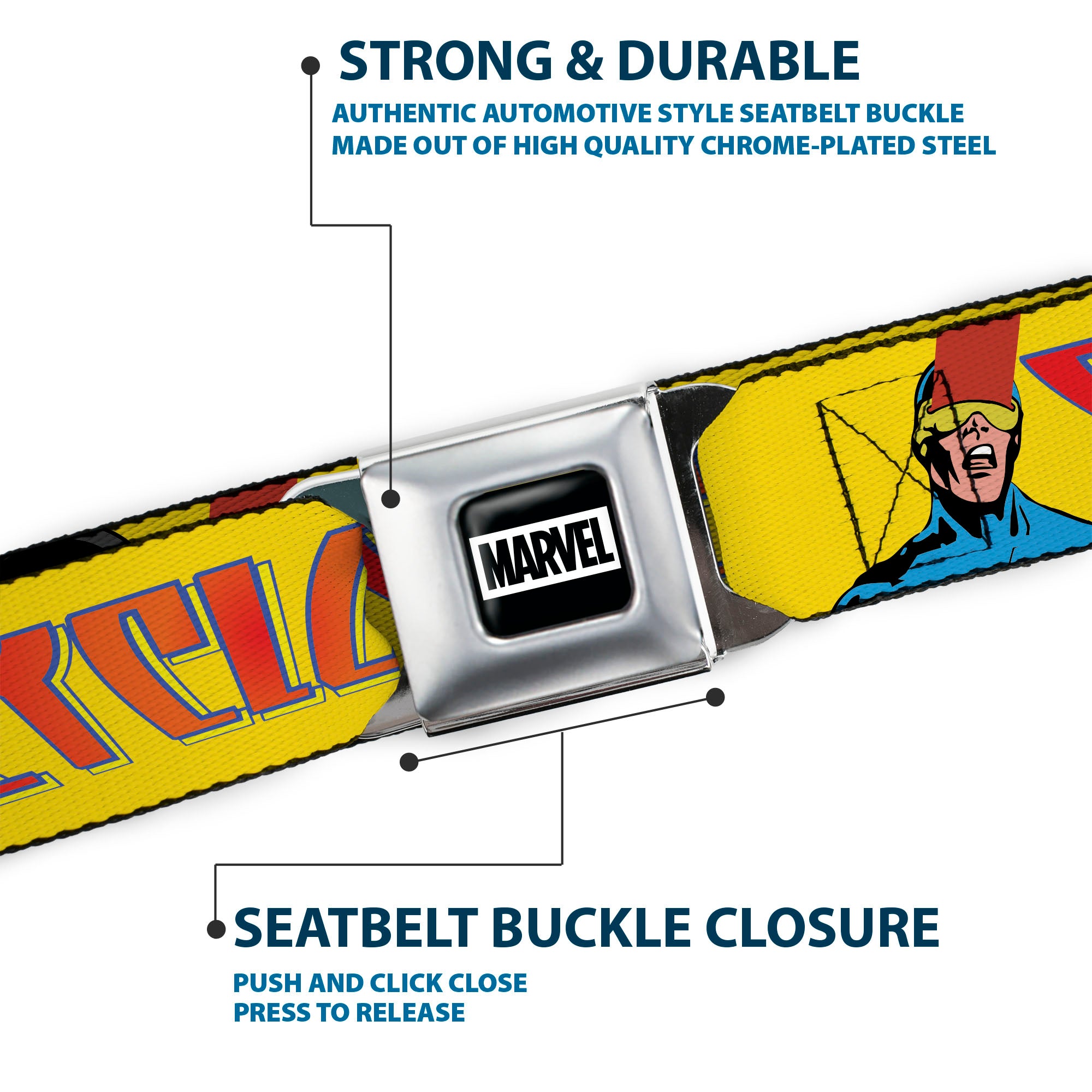 MARVEL Brick Logo Full Color Black/White Seatbelt Belt - X-Men CYCLOPS Poses and Title Logo Yellow/Blue/Orange Webbing