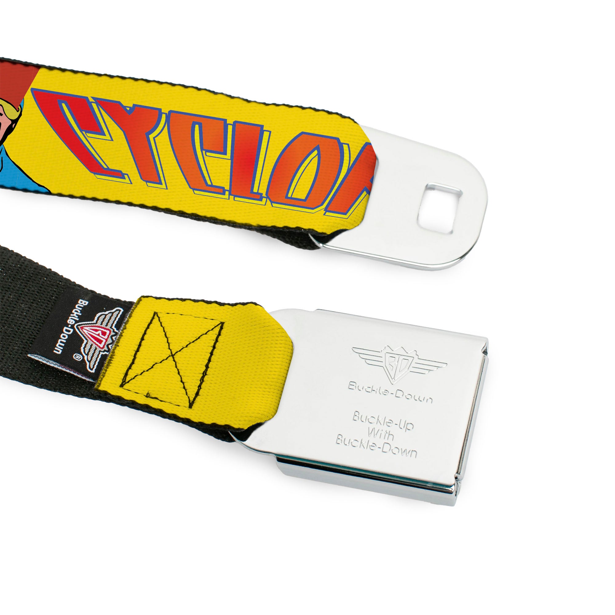 MARVEL Brick Logo Full Color Black/White Seatbelt Belt - X-Men CYCLOPS Poses and Title Logo Yellow/Blue/Orange Webbing