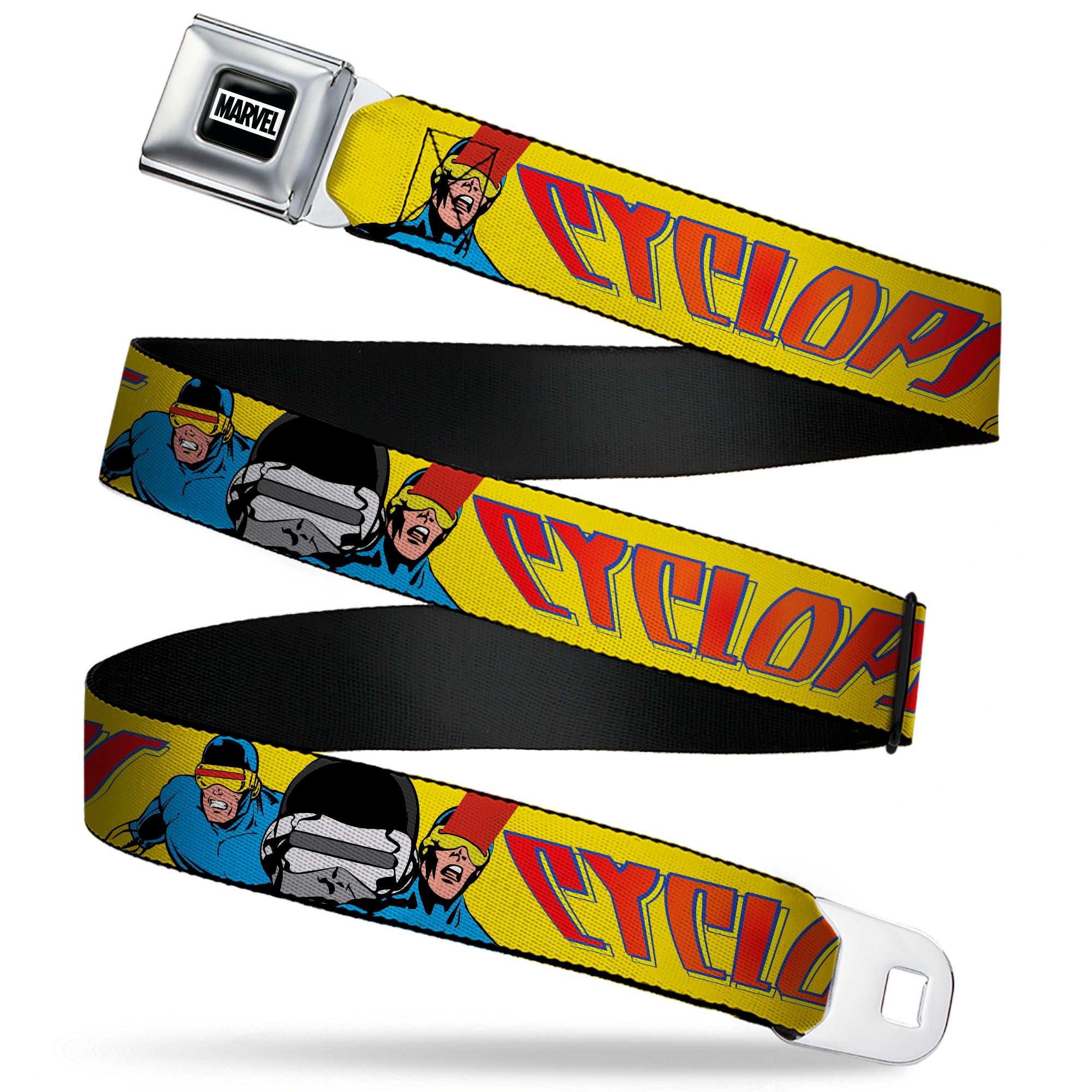 MARVEL Brick Logo Full Color Black/White Seatbelt Belt - X-Men CYCLOPS Poses and Title Logo Yellow/Blue/Orange Webbing
