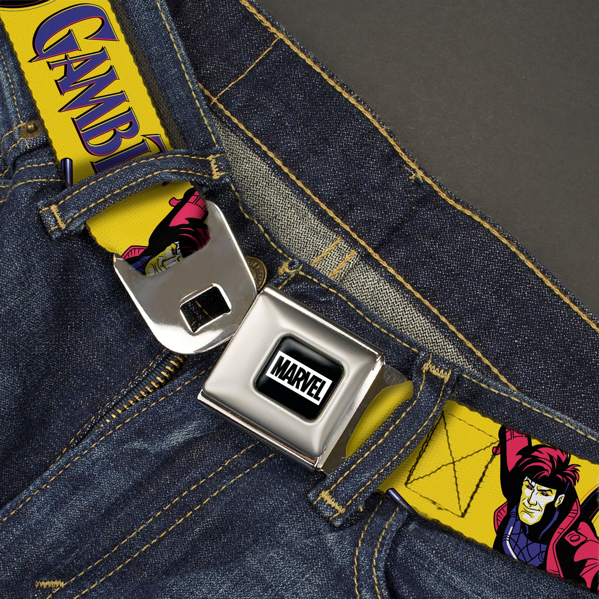 MARVEL Brick Logo Full Color Black/White Seatbelt Belt - X-Men GAMBIT Poses and Title Logo Yellow/Black/Purple Webbing