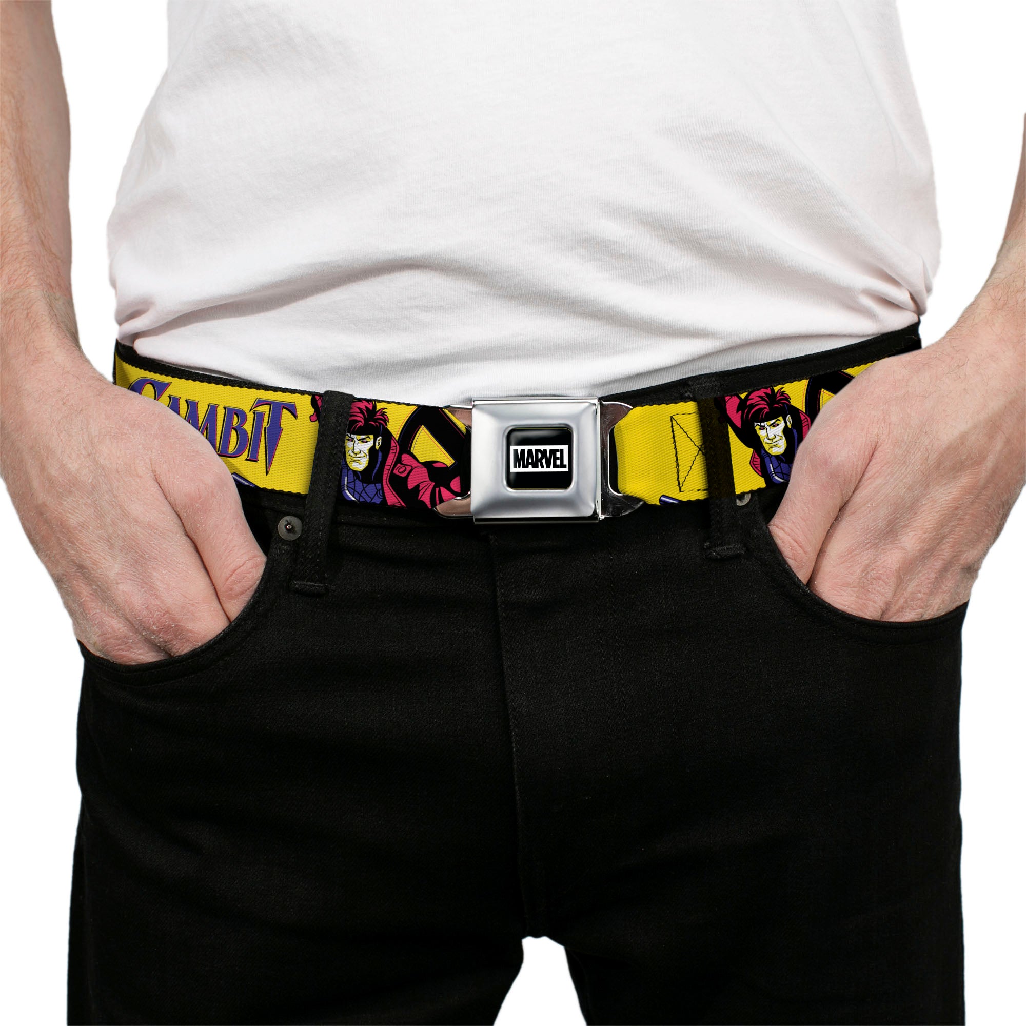 MARVEL Brick Logo Full Color Black/White Seatbelt Belt - X-Men GAMBIT Poses and Title Logo Yellow/Black/Purple Webbing