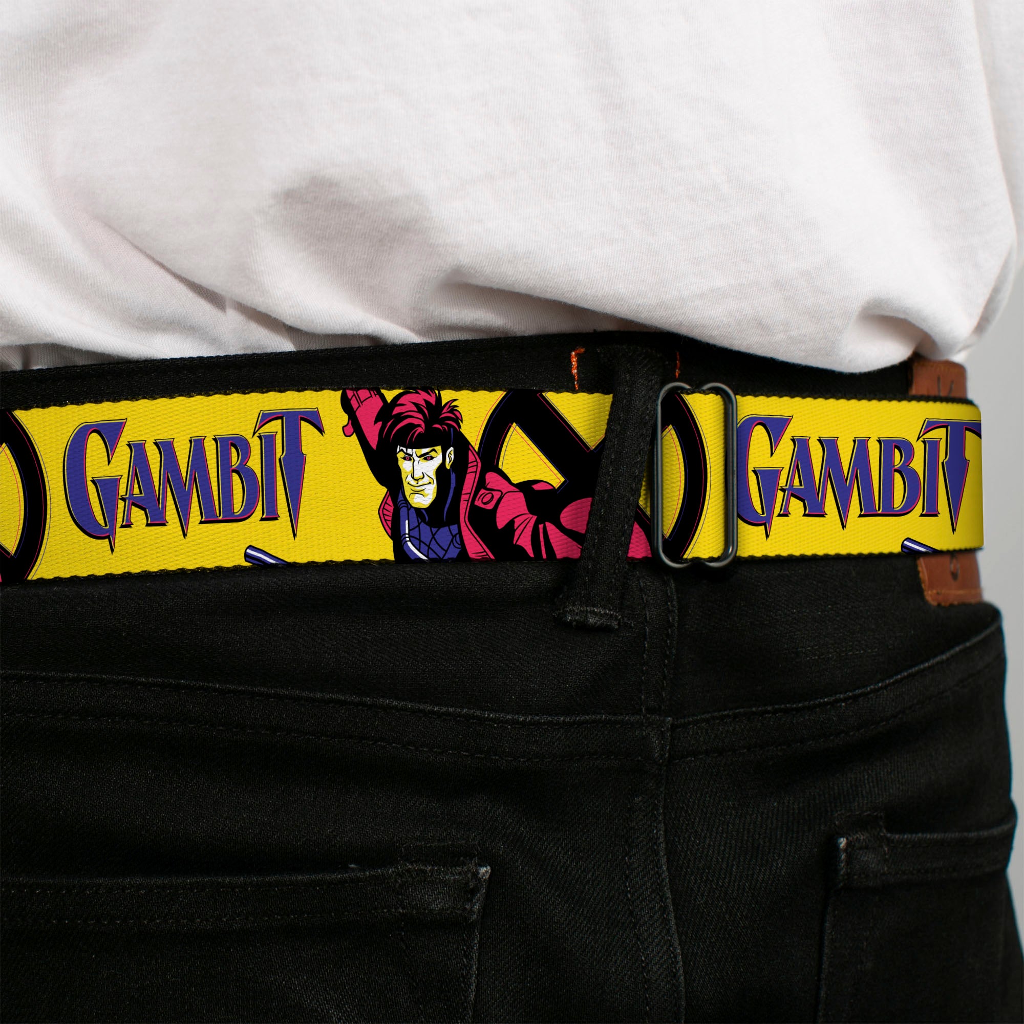 MARVEL Brick Logo Full Color Black/White Seatbelt Belt - X-Men GAMBIT Poses and Title Logo Yellow/Black/Purple Webbing