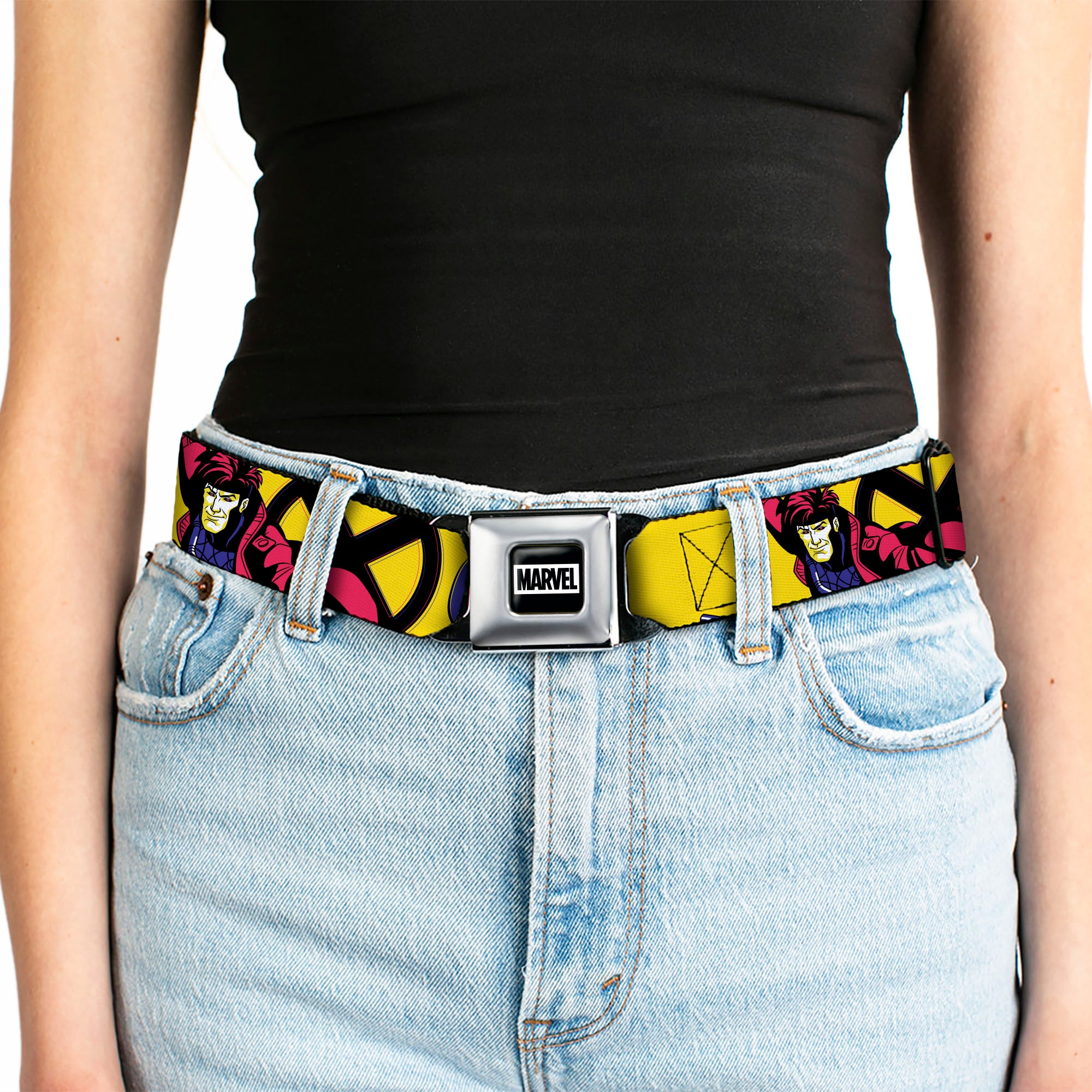MARVEL Brick Logo Full Color Black/White Seatbelt Belt - X-Men GAMBIT Poses and Title Logo Yellow/Black/Purple Webbing