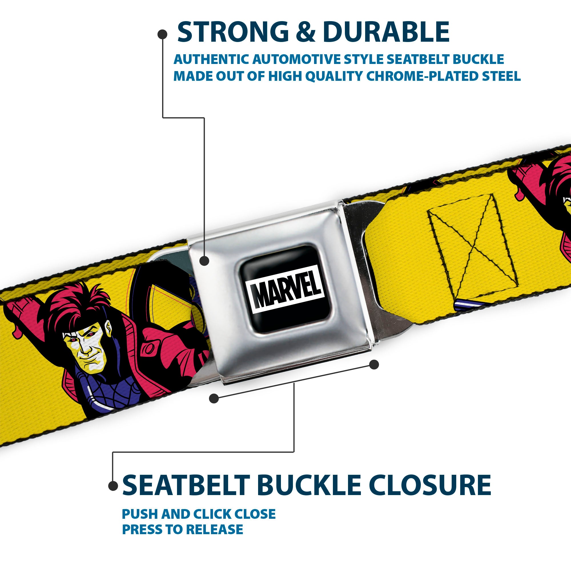 MARVEL Brick Logo Full Color Black/White Seatbelt Belt - X-Men GAMBIT Poses and Title Logo Yellow/Black/Purple Webbing