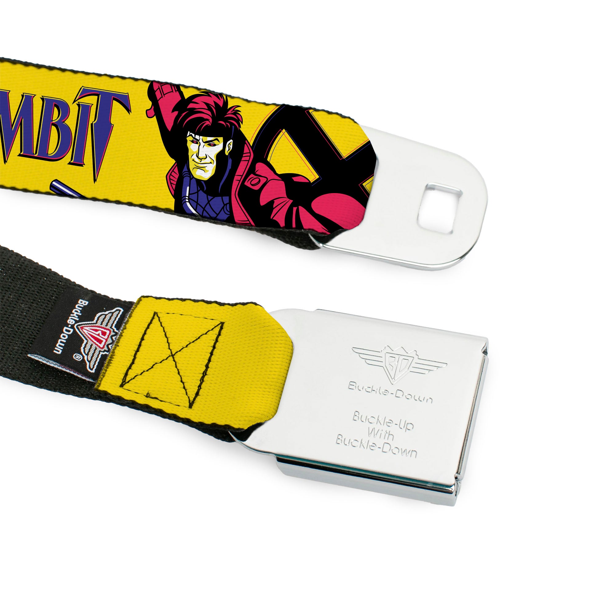 MARVEL Brick Logo Full Color Black/White Seatbelt Belt - X-Men GAMBIT Poses and Title Logo Yellow/Black/Purple Webbing