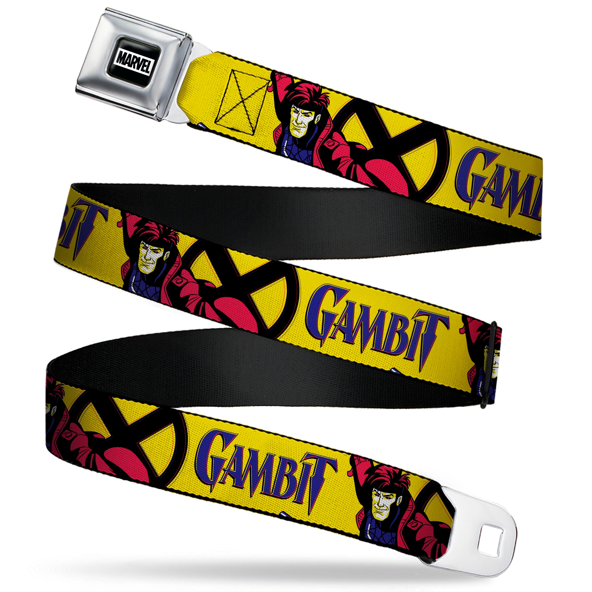 MARVEL Brick Logo Full Color Black/White Seatbelt Belt - X-Men GAMBIT Poses and Title Logo Yellow/Black/Purple Webbing