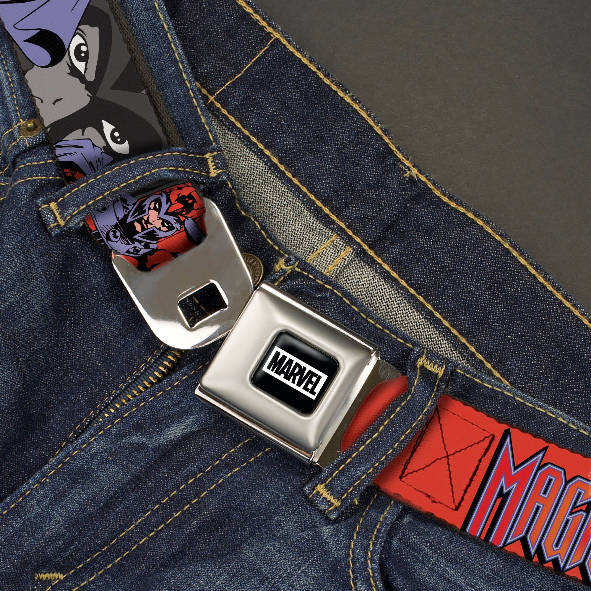 MARVEL Brick Logo Full Color Black/White Seatbelt Belt - X-Men MAGNETO Poses and Title Logo Red/Purples Webbing