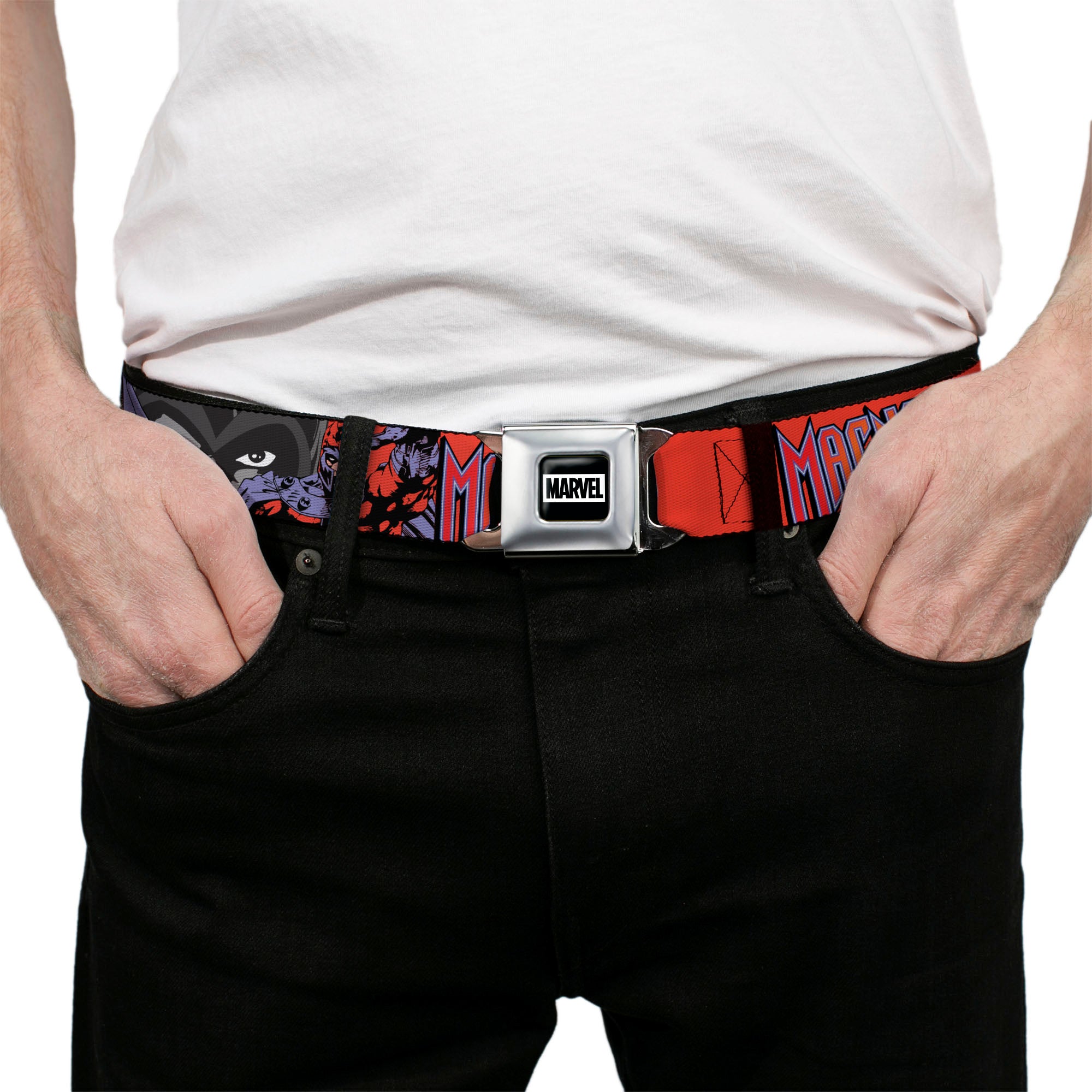 MARVEL Brick Logo Full Color Black/White Seatbelt Belt - X-Men MAGNETO Poses and Title Logo Red/Purples Webbing