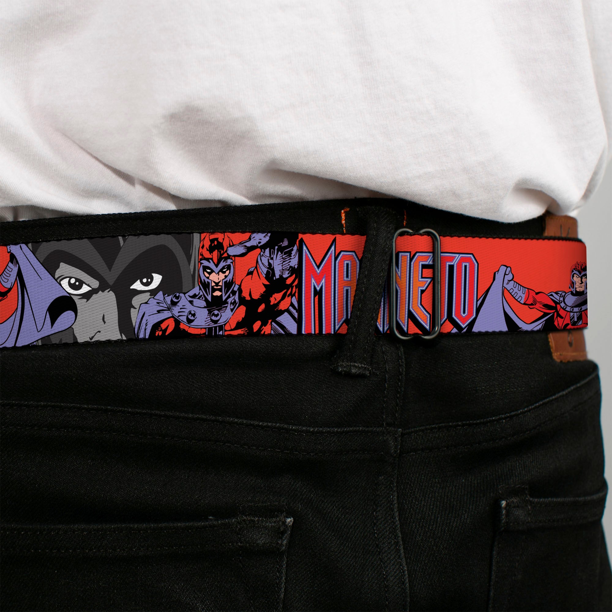 MARVEL Brick Logo Full Color Black/White Seatbelt Belt - X-Men MAGNETO Poses and Title Logo Red/Purples Webbing
