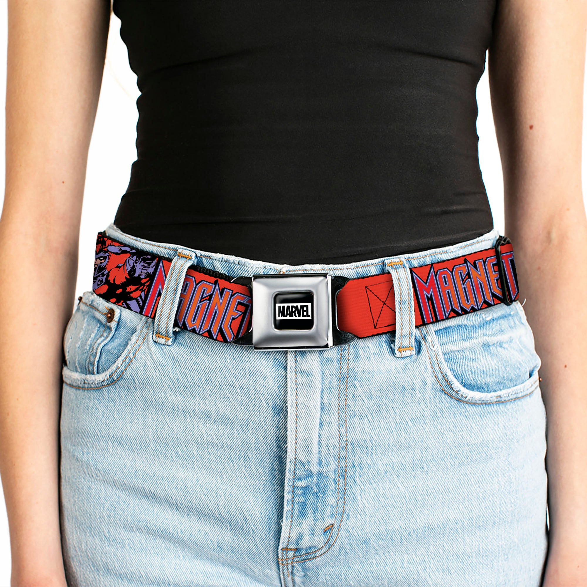 MARVEL Brick Logo Full Color Black/White Seatbelt Belt - X-Men MAGNETO Poses and Title Logo Red/Purples Webbing