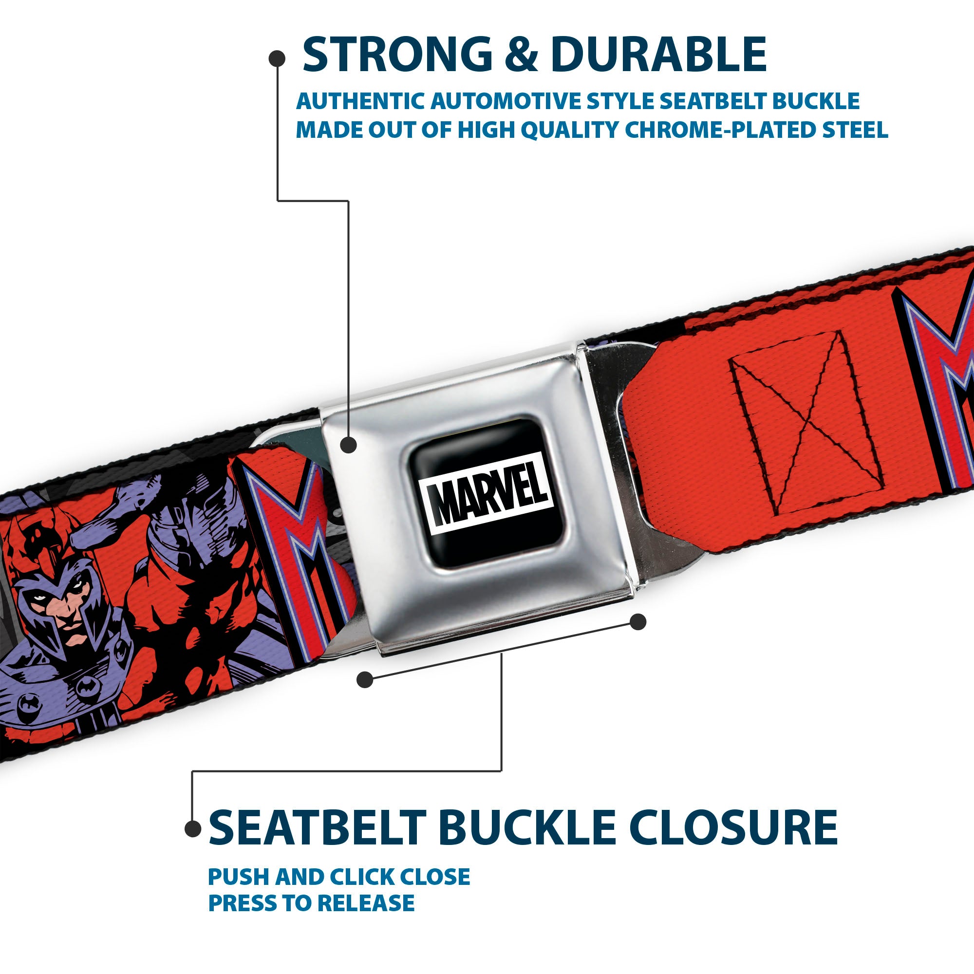 MARVEL Brick Logo Full Color Black/White Seatbelt Belt - X-Men MAGNETO Poses and Title Logo Red/Purples Webbing
