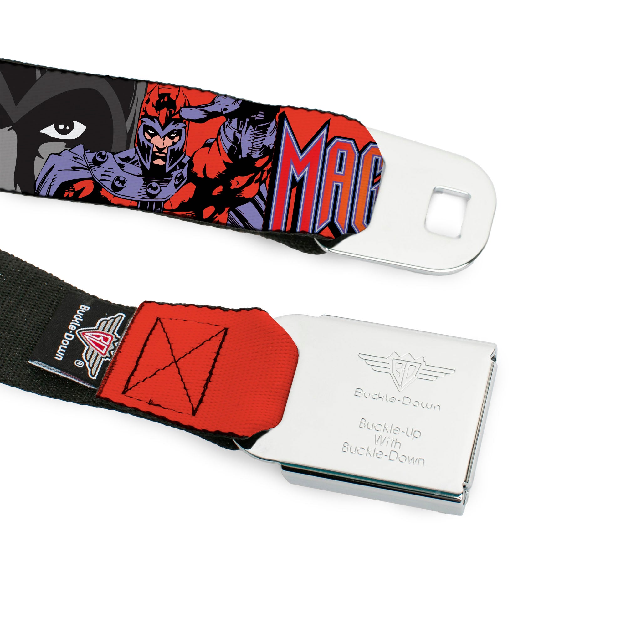 MARVEL Brick Logo Full Color Black/White Seatbelt Belt - X-Men MAGNETO Poses and Title Logo Red/Purples Webbing
