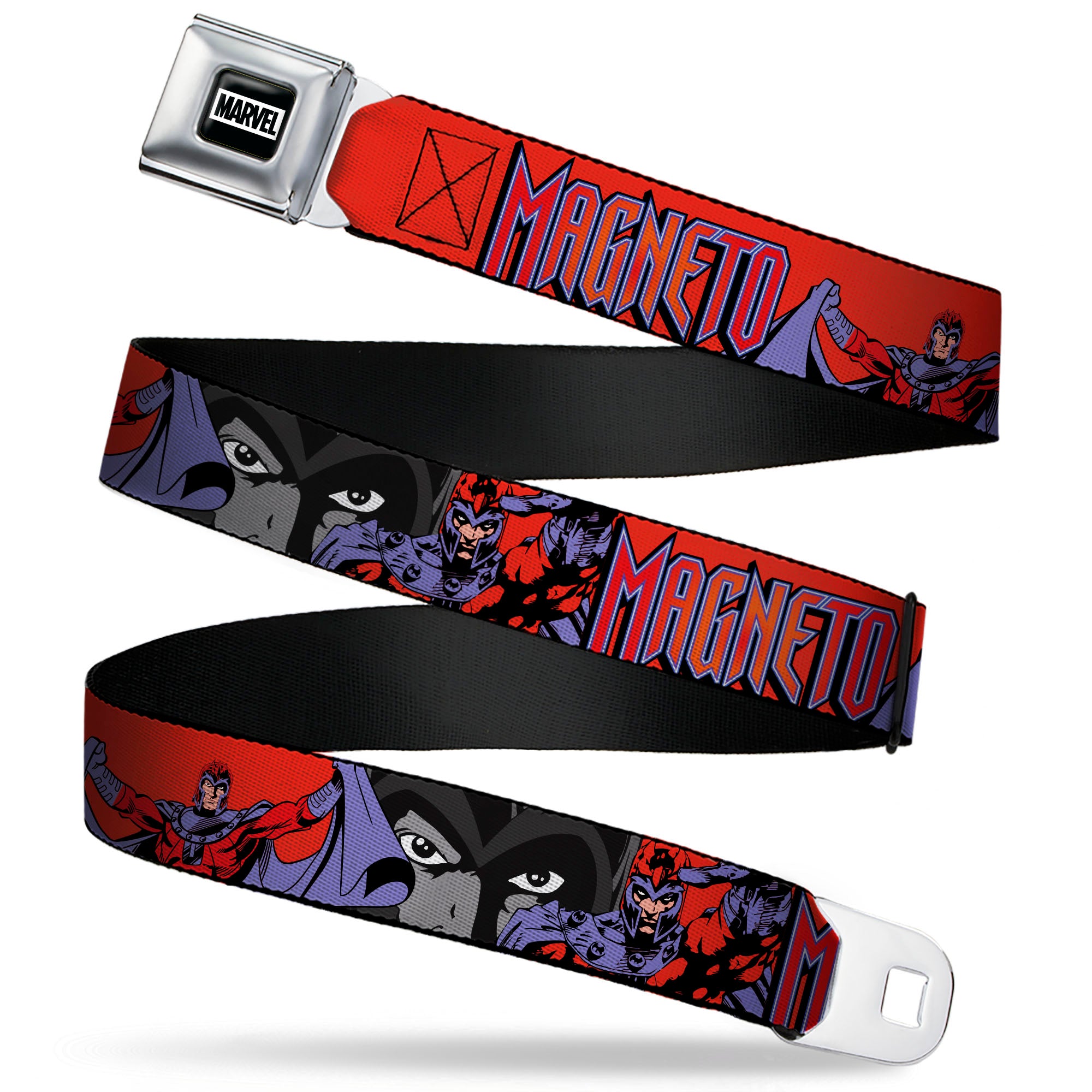 MARVEL Brick Logo Full Color Black/White Seatbelt Belt - X-Men MAGNETO Poses and Title Logo Red/Purples Webbing