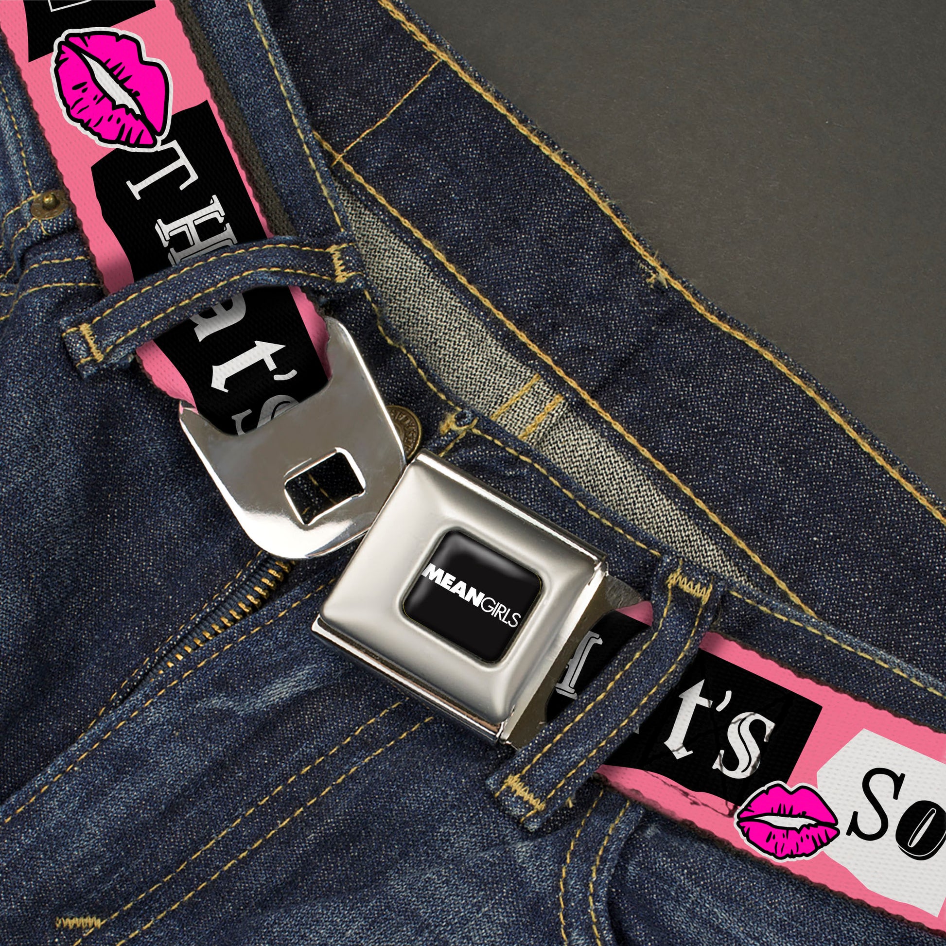 MEAN GIRLS Title Logo Full Color Black/White Seatbelt Belt - Mean Girls THAT'S SO FETCH Collage Pink/Black/White Webbing Seatbelt Belts Mean Girls