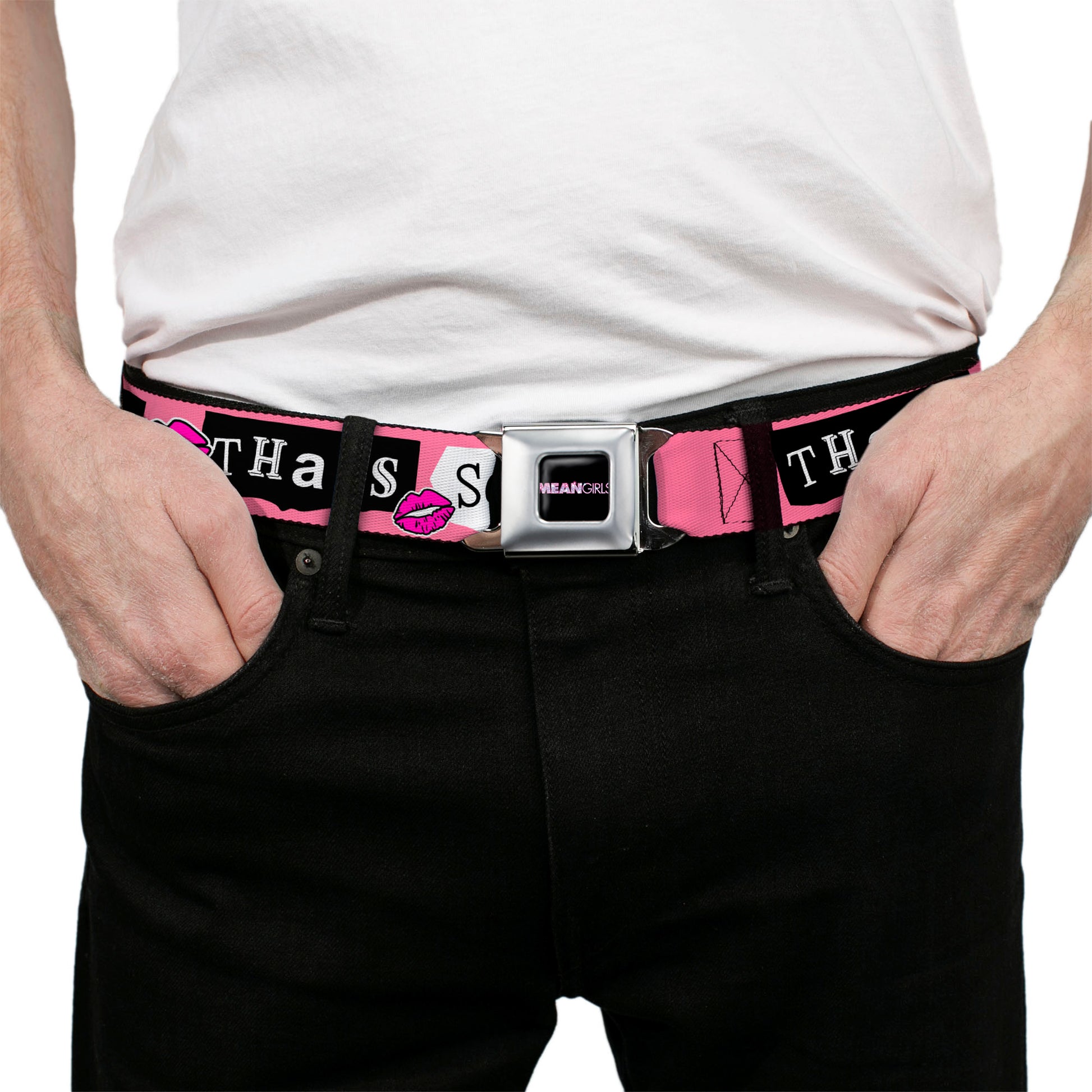 MEAN GIRLS Title Logo Full Color Black/White Seatbelt Belt - Mean Girls THAT'S SO FETCH Collage Pink/Black/White Webbing Seatbelt Belts Mean Girls
