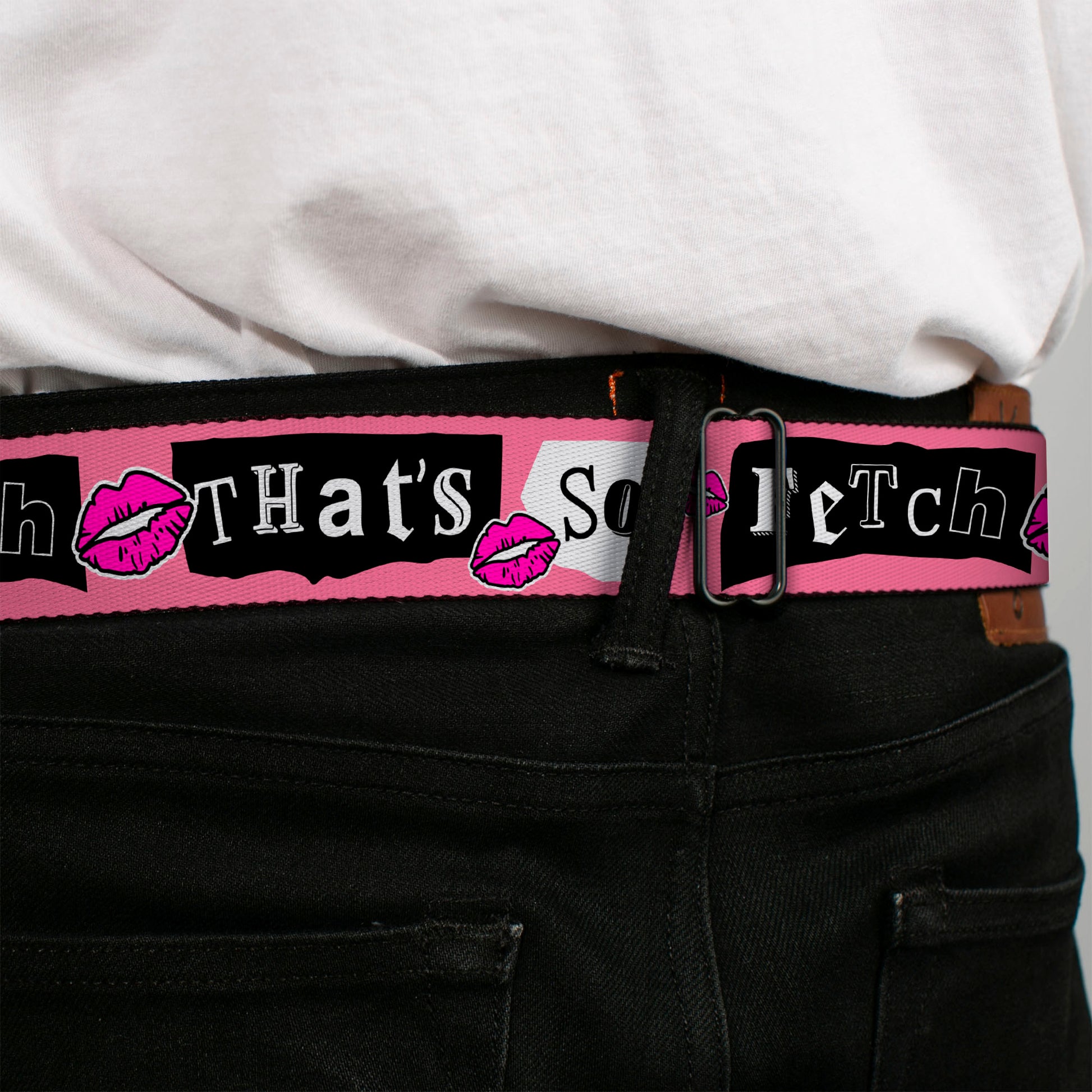 MEAN GIRLS Title Logo Full Color Black/White Seatbelt Belt - Mean Girls THAT'S SO FETCH Collage Pink/Black/White Webbing Seatbelt Belts Mean Girls