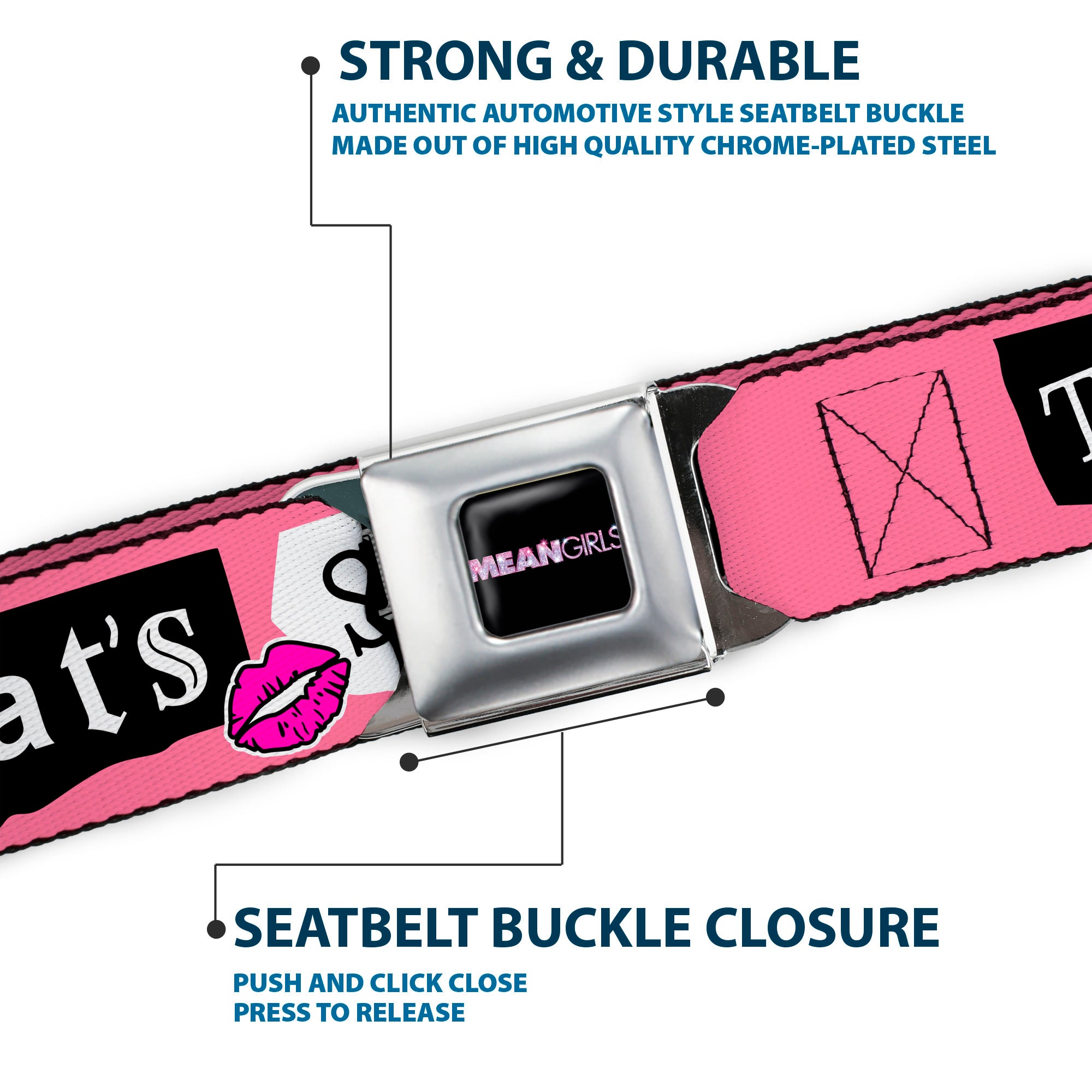 MEAN GIRLS Title Logo Full Color Black/White Seatbelt Belt - Mean Girls THAT'S SO FETCH Collage Pink/Black/White Webbing Seatbelt Belts Mean Girls