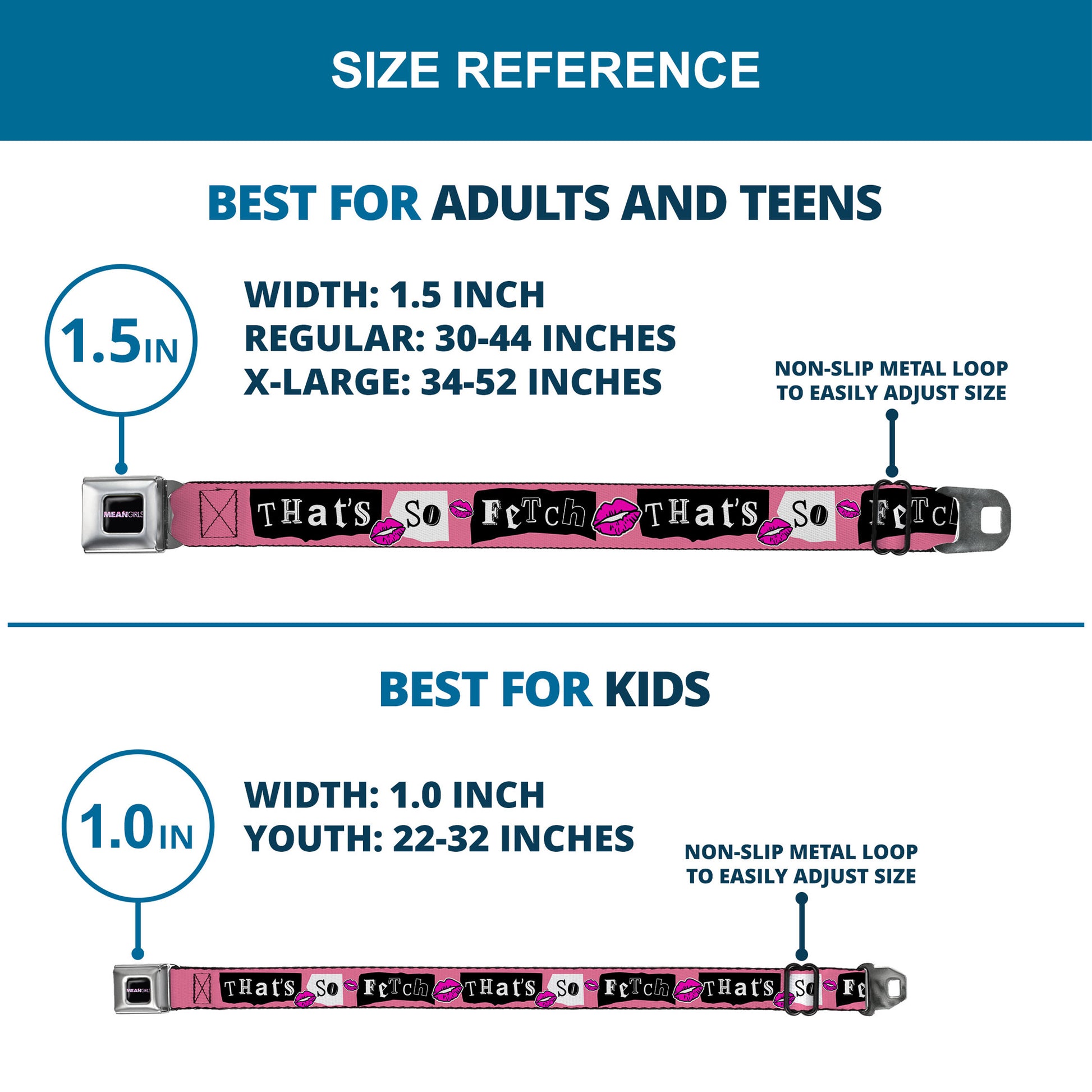 MEAN GIRLS Title Logo Full Color Black/White Seatbelt Belt - Mean Girls THAT'S SO FETCH Collage Pink/Black/White Webbing Seatbelt Belts Mean Girls