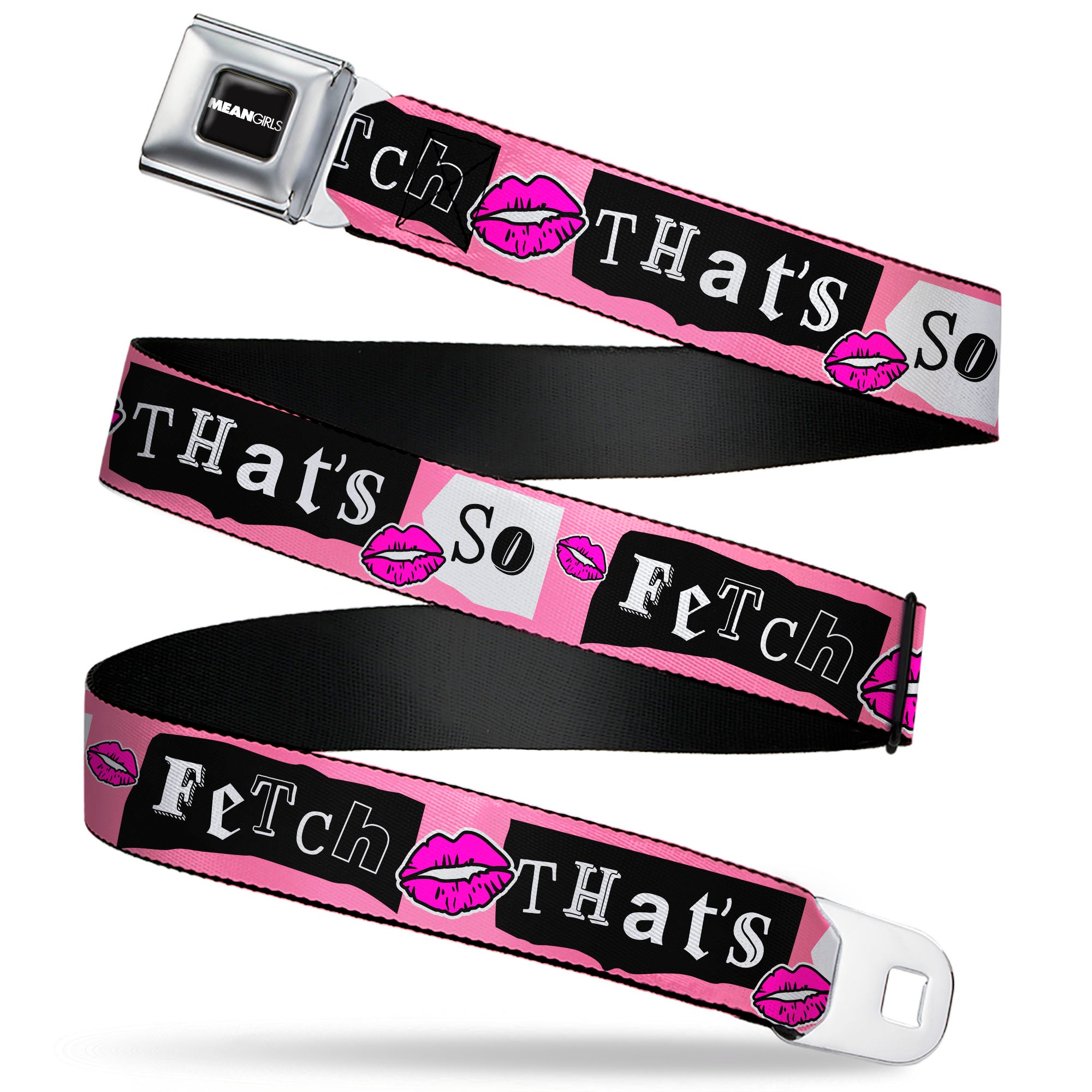 MEAN GIRLS Title Logo Full Color Black/White Seatbelt Belt - Mean Girls THAT'S SO FETCH Collage Pink/Black/White Webbing Seatbelt Belts Mean Girls