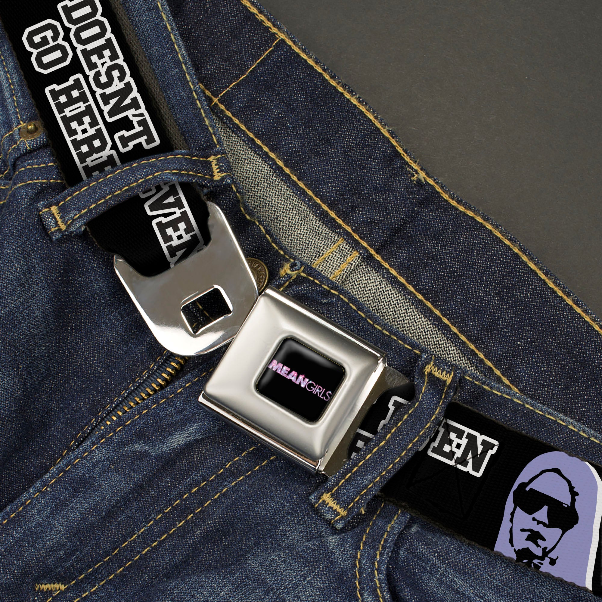 MEAN GIRLS Title Logo Full Color Black/White Seatbelt Belt - Mean Girls Damian SHE DOESN'T EVEN GO HERE Black/Purple Webbing Seatbelt Belts Paramount Pictures