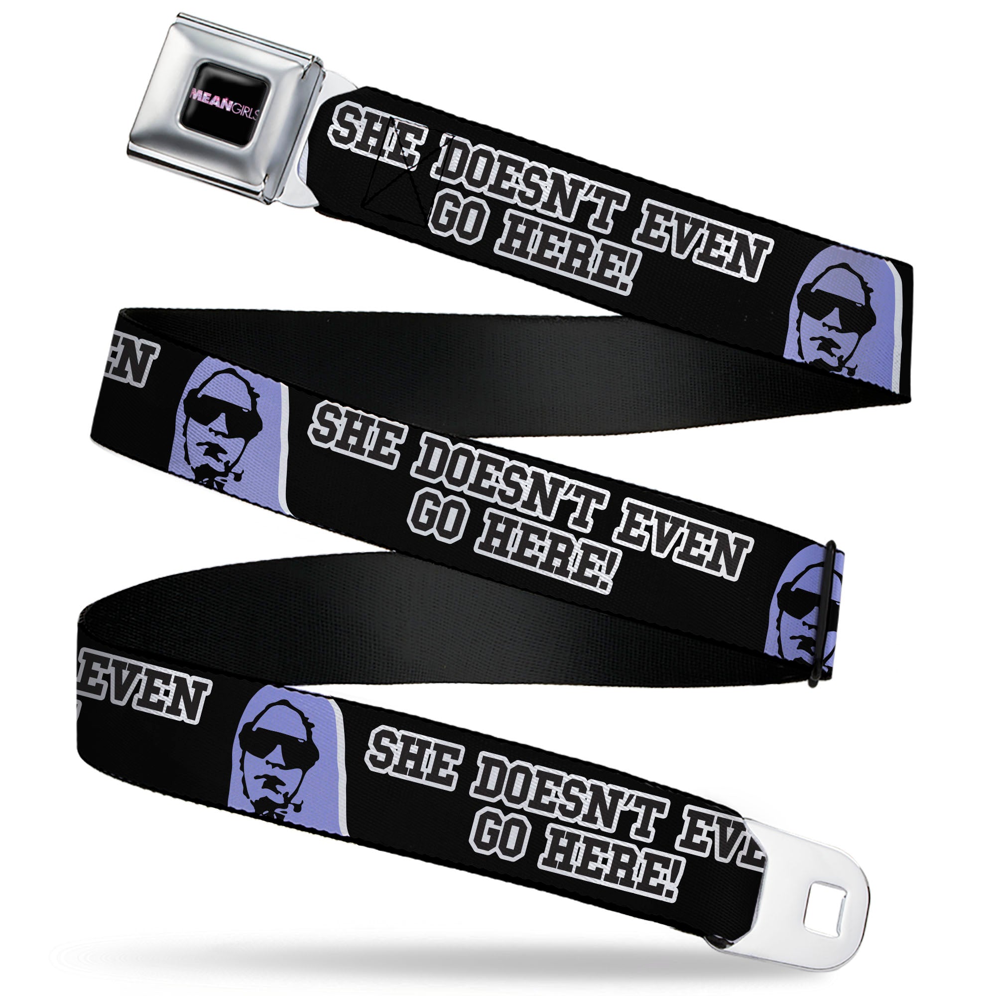 MEAN GIRLS Title Logo Full Color Black/White Seatbelt Belt - Mean Girls Damian SHE DOESN'T EVEN GO HERE Black/Purple Webbing Seatbelt Belts Paramount Pictures