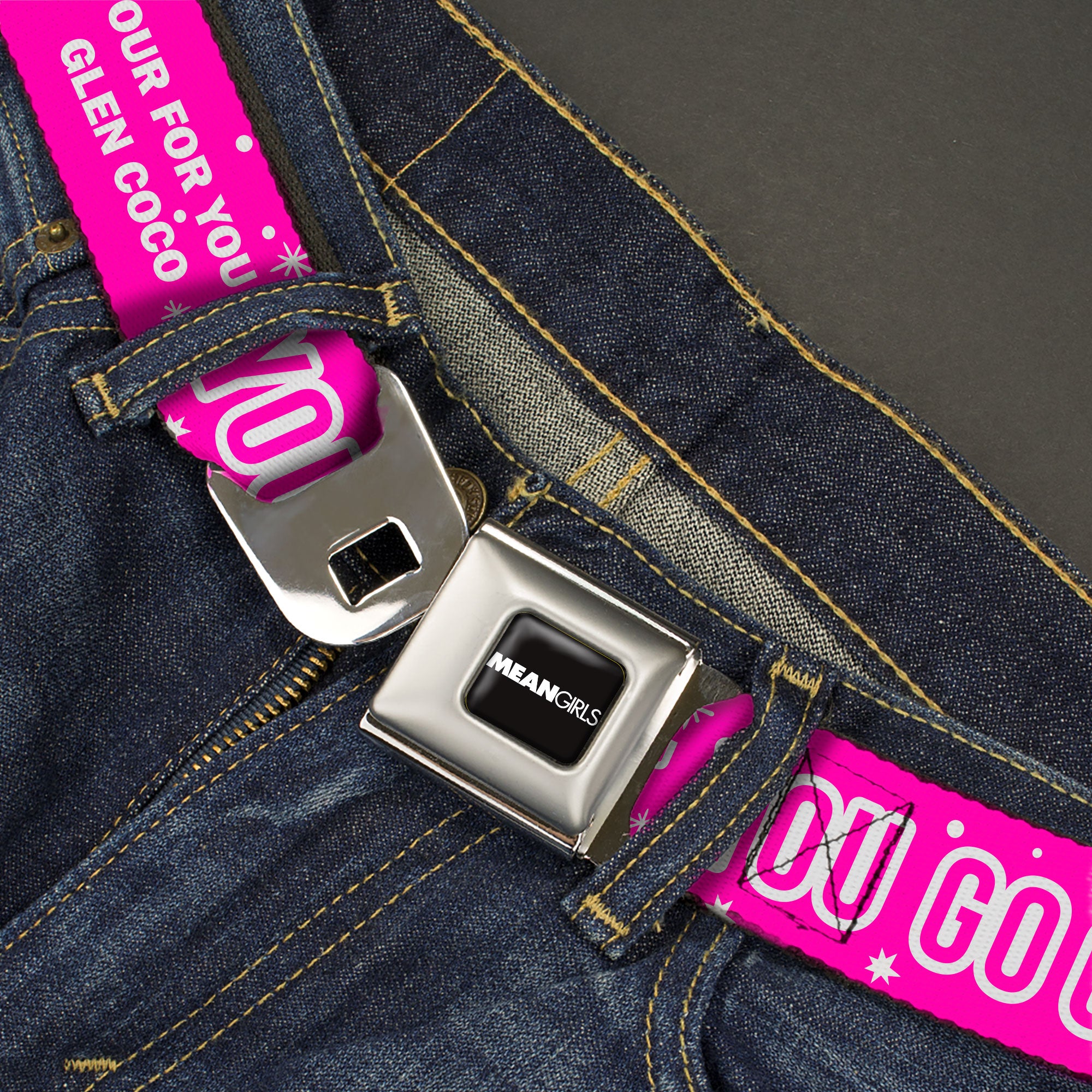 MEAN GIRLS Title Logo Full Color Black/White Seatbelt Belt - Mean Girls YOU GO GLEN COCO Pink/White Webbing Seatbelt Belts Paramount Pictures