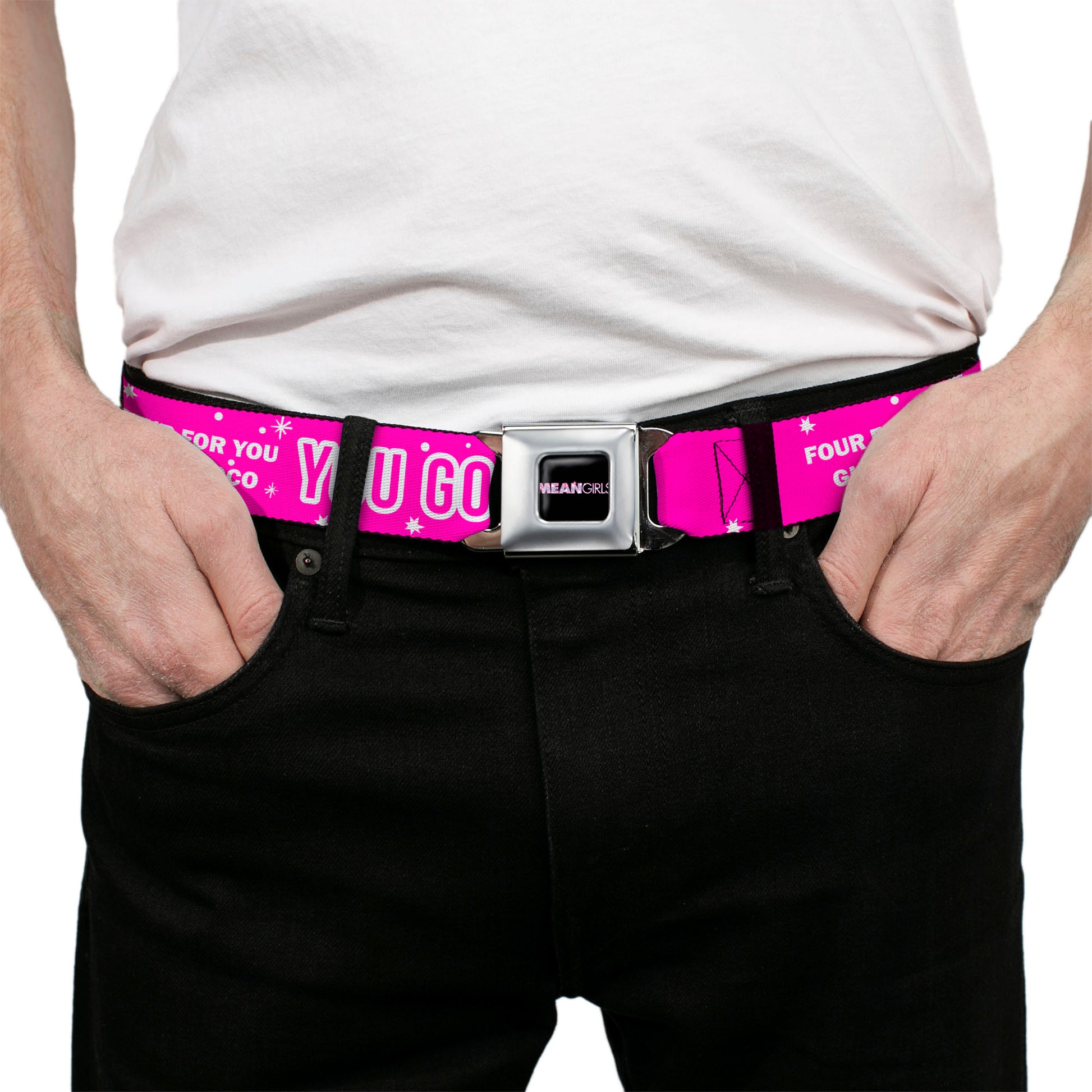MEAN GIRLS Title Logo Full Color Black/White Seatbelt Belt - Mean Girls YOU GO GLEN COCO Pink/White Webbing Seatbelt Belts Paramount Pictures