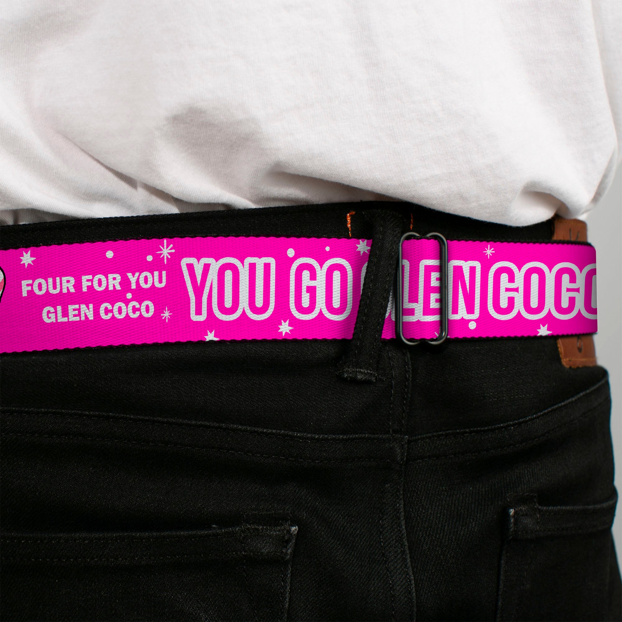 MEAN GIRLS Title Logo Full Color Black/White Seatbelt Belt - Mean Girls YOU GO GLEN COCO Pink/White Webbing Seatbelt Belts Paramount Pictures