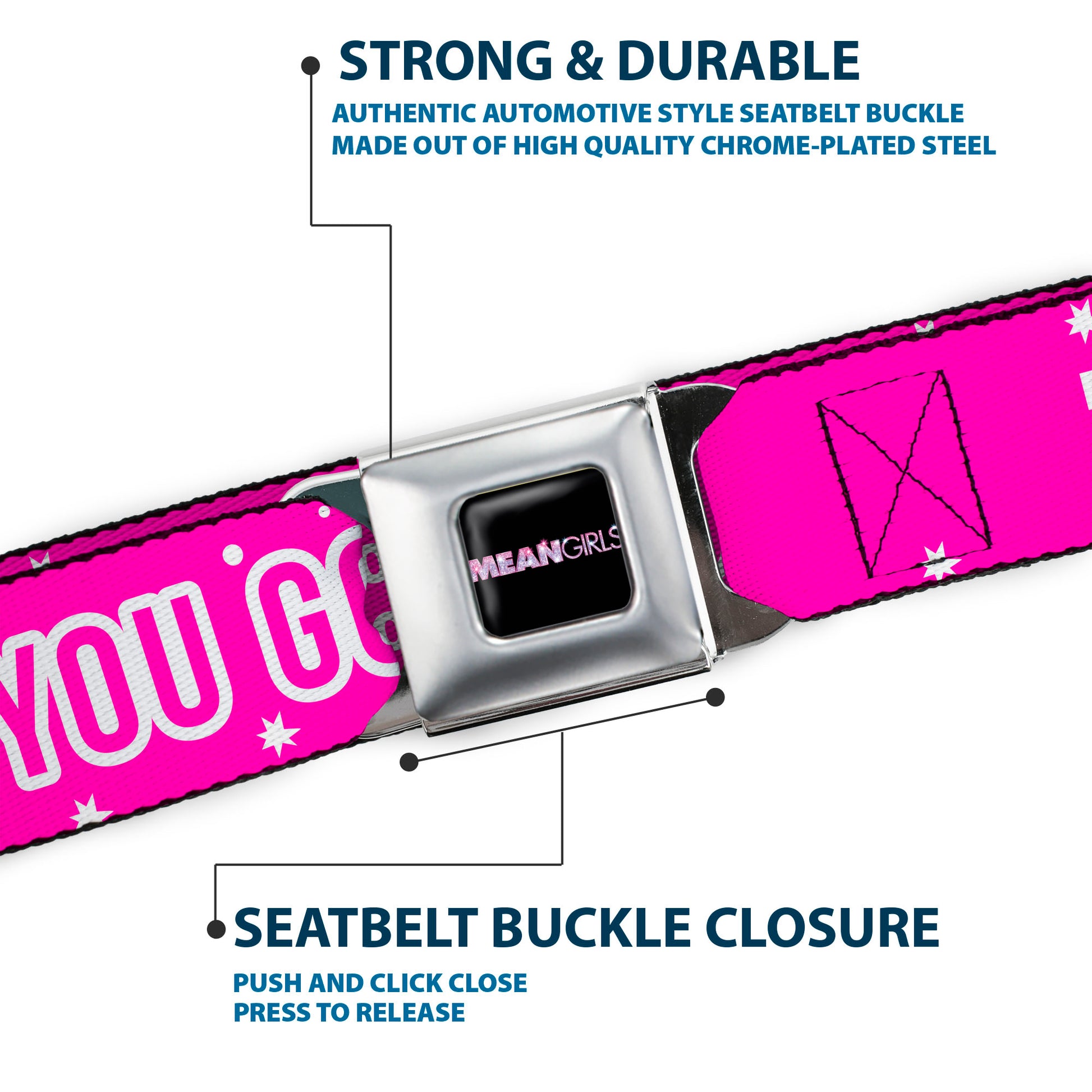 MEAN GIRLS Title Logo Full Color Black/White Seatbelt Belt - Mean Girls YOU GO GLEN COCO Pink/White Webbing Seatbelt Belts Paramount Pictures