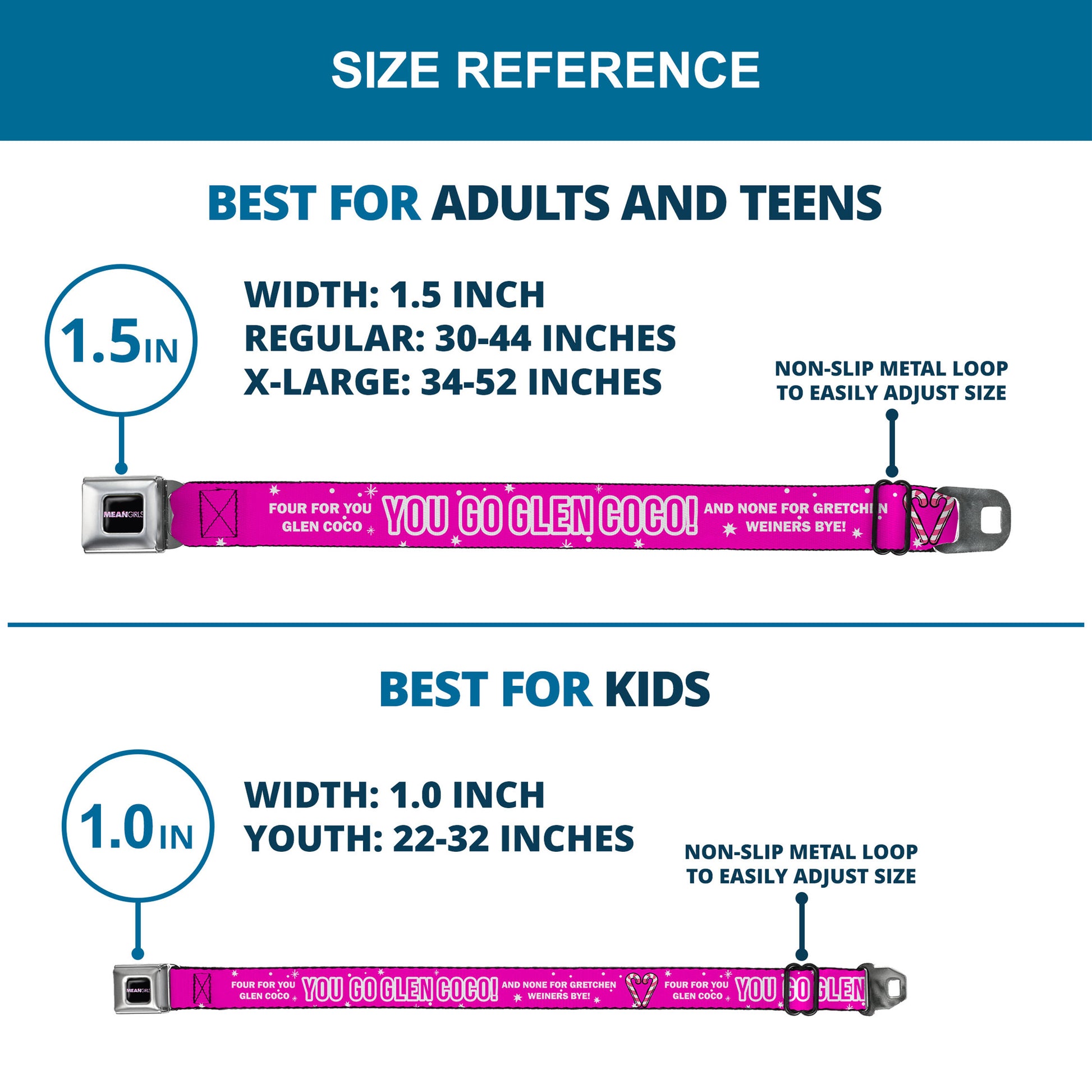 MEAN GIRLS Title Logo Full Color Black/White Seatbelt Belt - Mean Girls YOU GO GLEN COCO Pink/White Webbing Seatbelt Belts Paramount Pictures