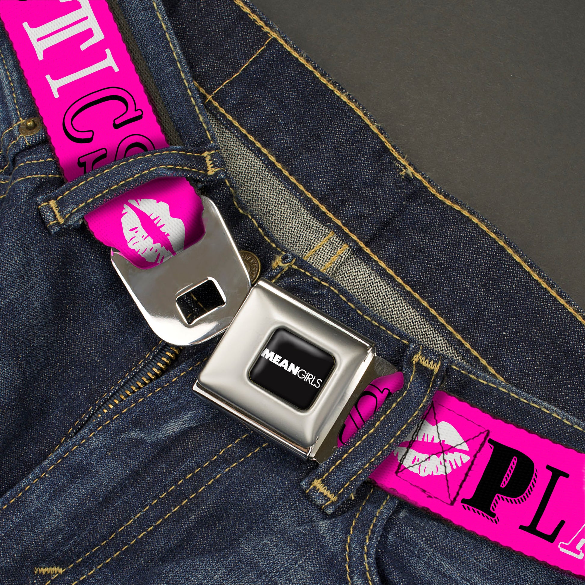 MEAN GIRLS Title Logo Full Color Black/White Seatbelt Belt - Mean Girls PLASTICS Collage Pink/Black/White Webbing Seatbelt Belts Mean Girls