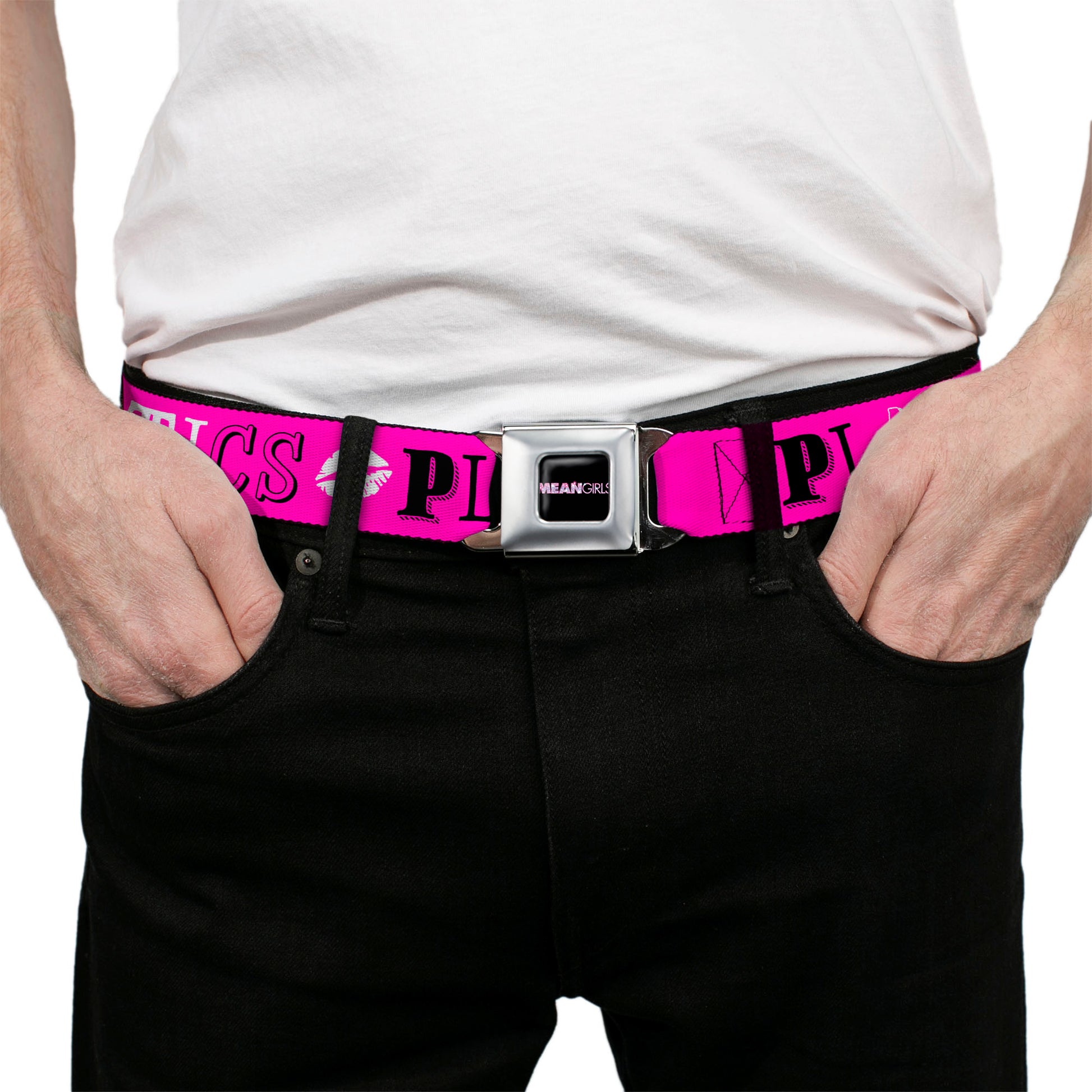 MEAN GIRLS Title Logo Full Color Black/White Seatbelt Belt - Mean Girls PLASTICS Collage Pink/Black/White Webbing Seatbelt Belts Mean Girls