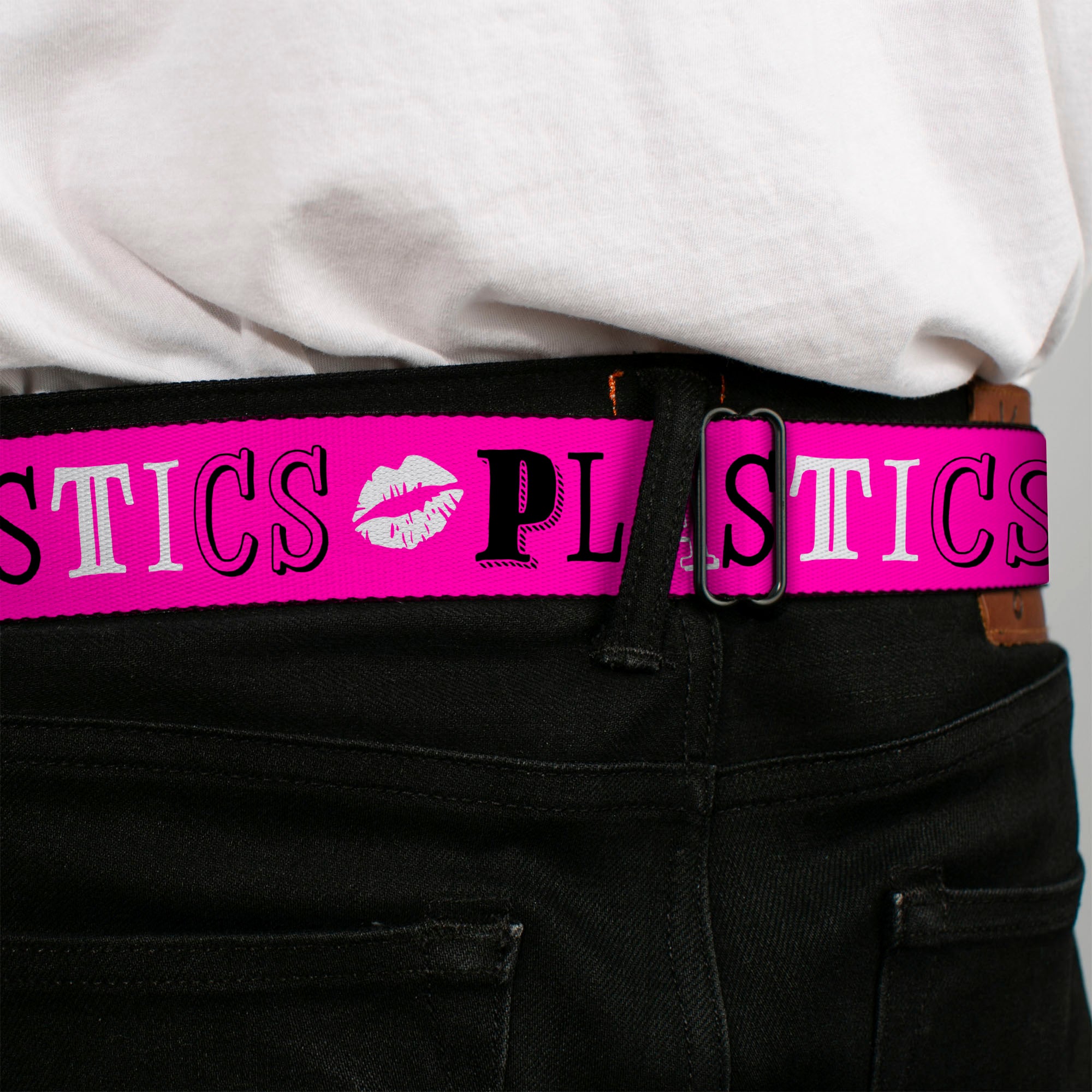 MEAN GIRLS Title Logo Full Color Black/White Seatbelt Belt - Mean Girls PLASTICS Collage Pink/Black/White Webbing Seatbelt Belts Mean Girls