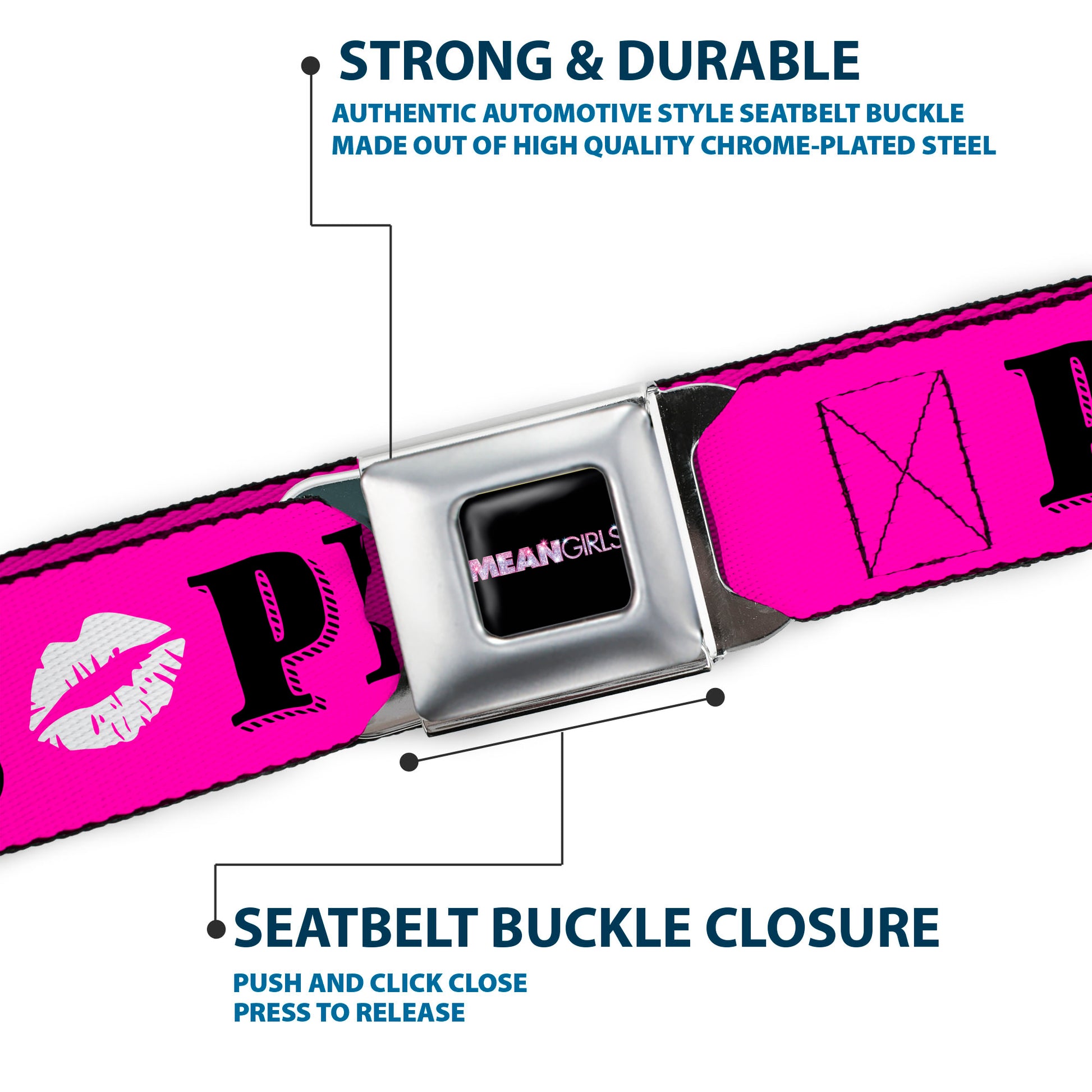 MEAN GIRLS Title Logo Full Color Black/White Seatbelt Belt - Mean Girls PLASTICS Collage Pink/Black/White Webbing Seatbelt Belts Mean Girls