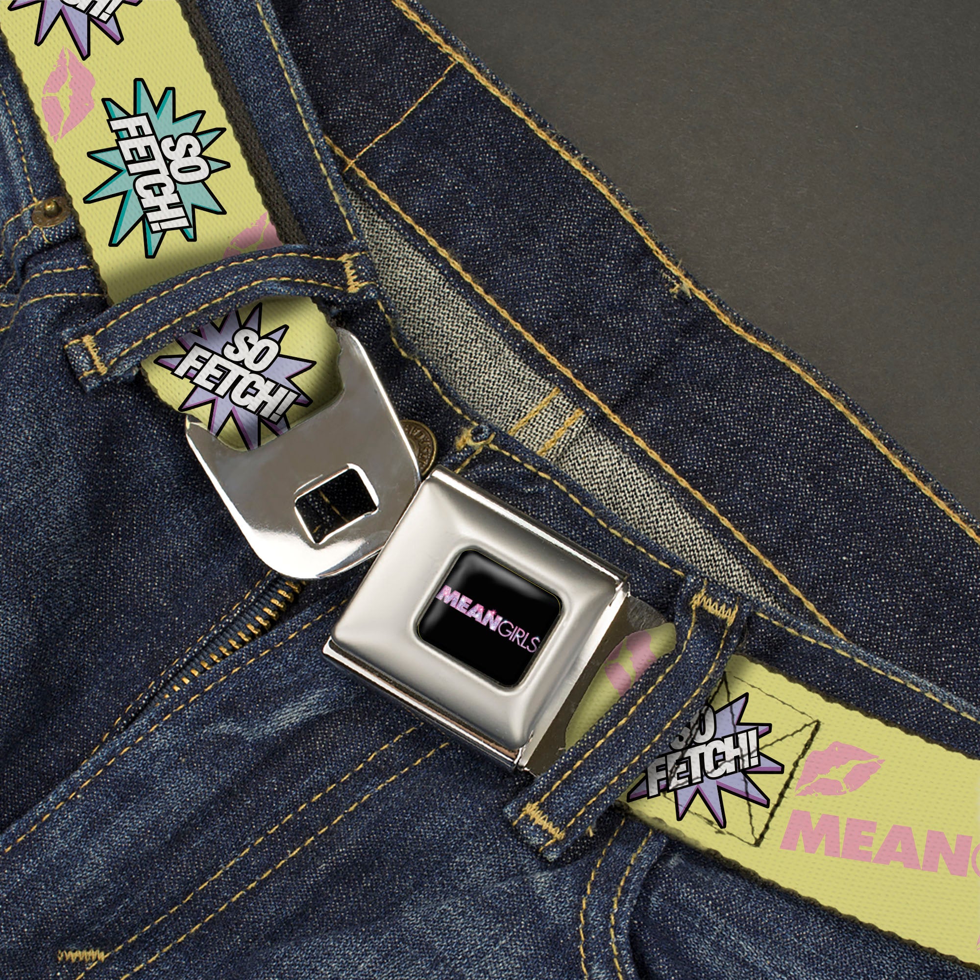 MEAN GIRLS Title Logo Full Color Black/White Seatbelt Belt - MEAN GIRLS Title Logo SO FETCH! Quote Collage Yellow/Pink/Blue Webbing Seatbelt Belts Mean Girls