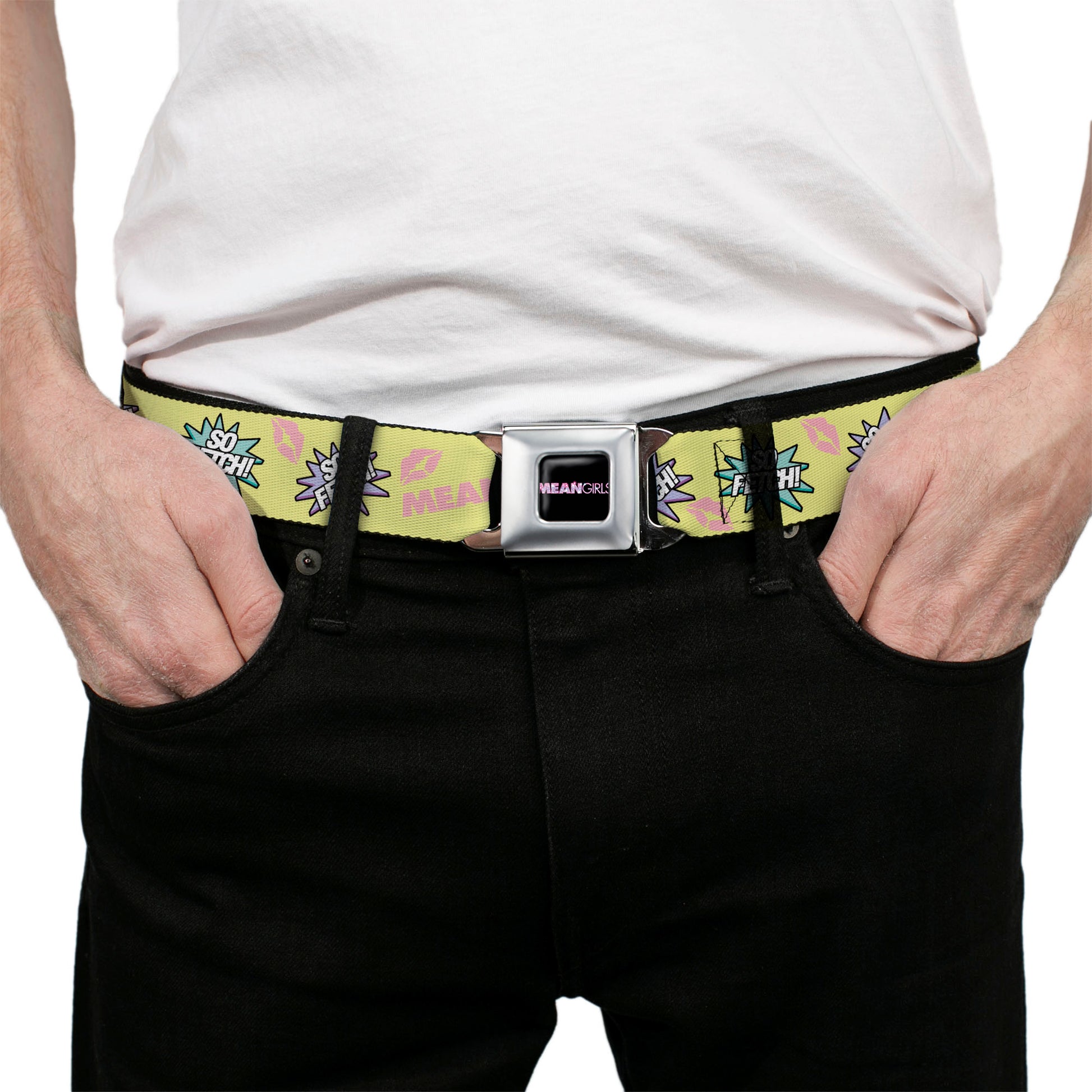 MEAN GIRLS Title Logo Full Color Black/White Seatbelt Belt - MEAN GIRLS Title Logo SO FETCH! Quote Collage Yellow/Pink/Blue Webbing Seatbelt Belts Mean Girls